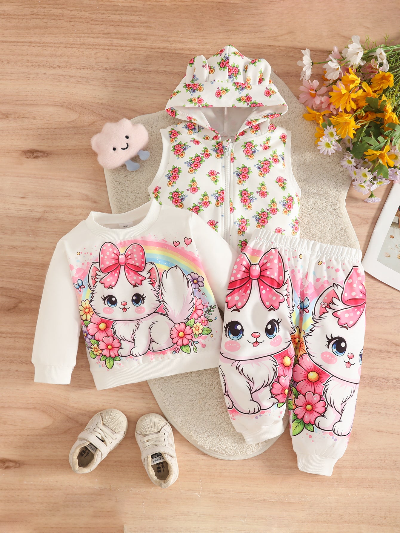 Wholesale 6M-3T Girls 3Pcs Cartoon Cat Leopard Hooded Vest Outfit Set, Soft Cotton Knit Toddler Outdoor Sweatshirt & Jogger Pants