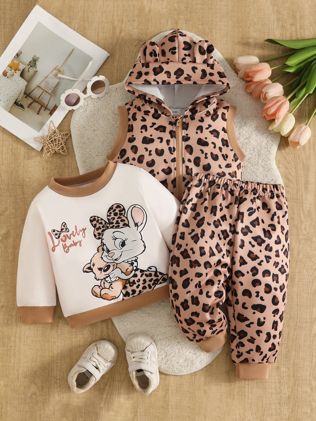 Wholesale 6M-3T Girls 3Pcs Cartoon Cat Leopard Hooded Vest Outfit Set, Soft Cotton Knit Toddler Outdoor Sweatshirt & Jogger Pants