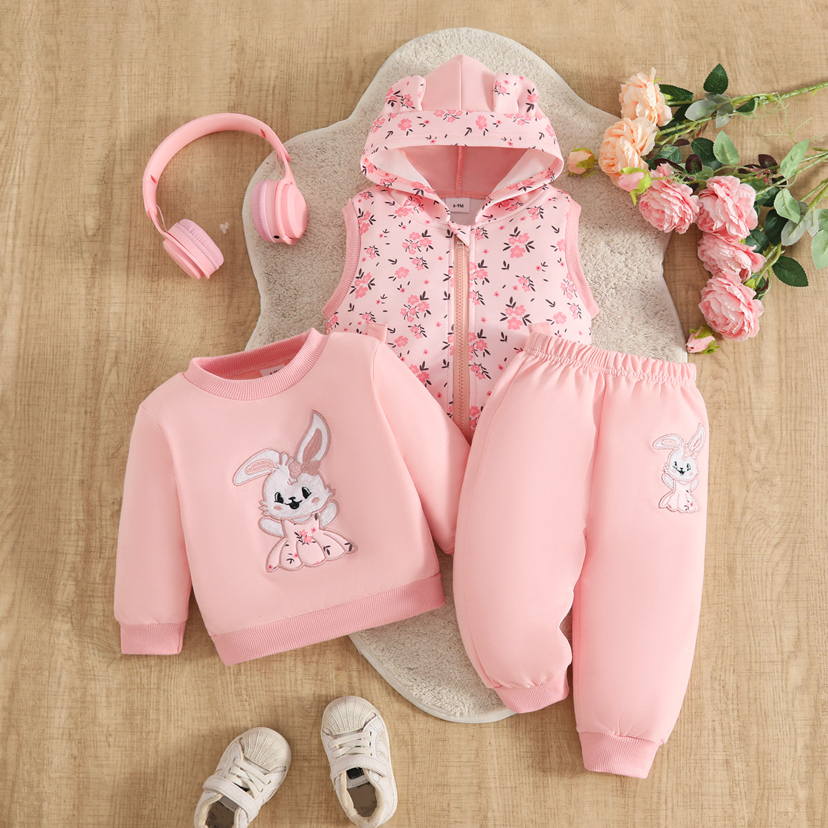 Wholesale 6M-3T Girls 3Pcs Floral Ear Hooded Vest Outfit Set, Soft Cotton Knit Bunny Embroidery Toddler Sweatshirt & Jogger Pants