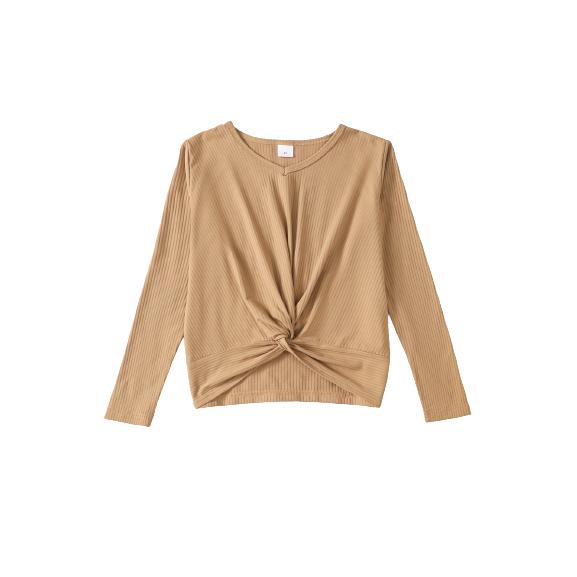 8-14Y Ready Stock 8-14y Kid Girls Shirt Twist Knot Casual V-neck Solid Color Long Sleeve Pullover Top Kakhi Catpapa 462306023