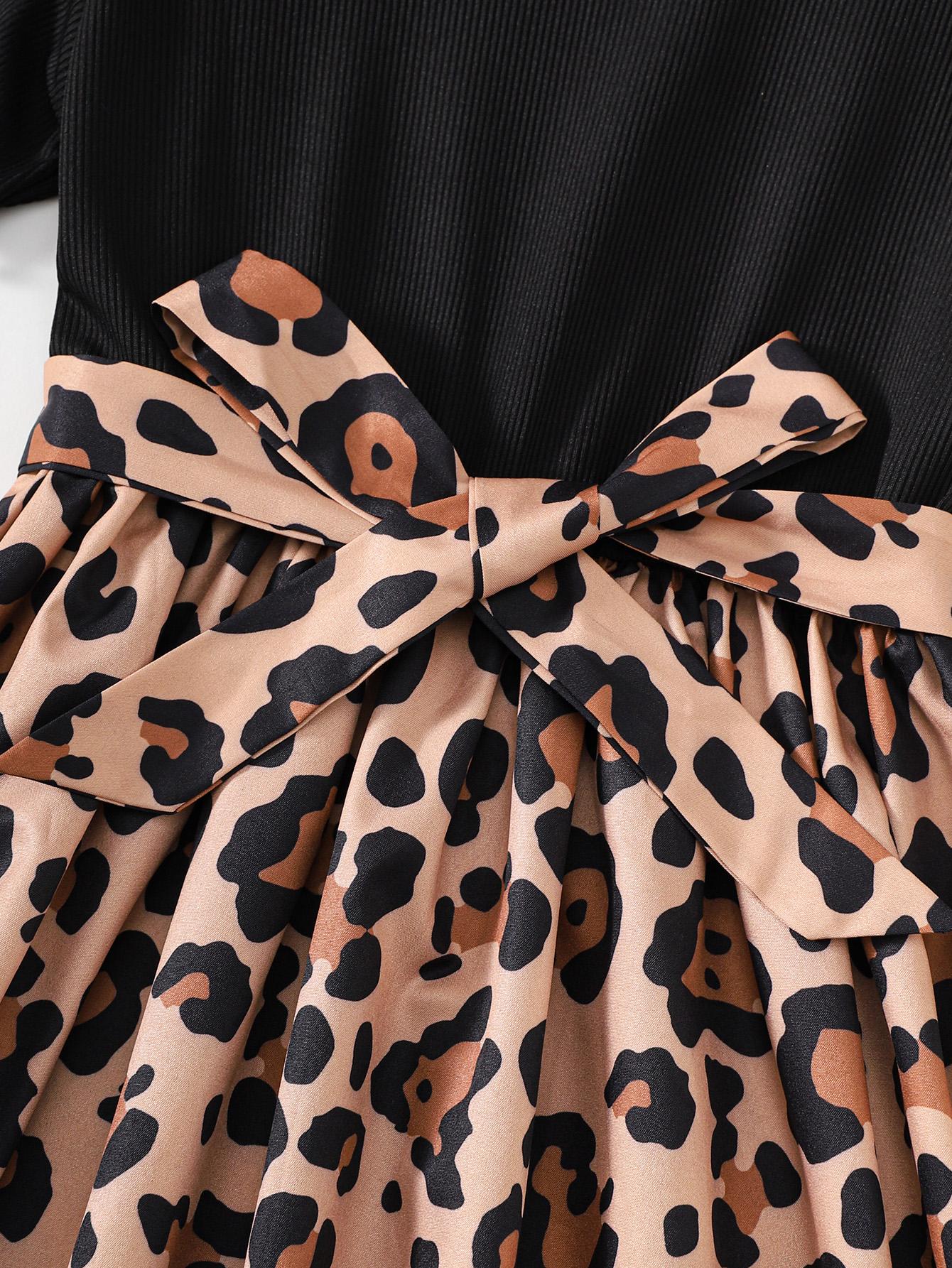 8-14Y Ready Stock Big Girls Dress Leopard Print Splice Short Sleeve Summer Casual Dress With A Belt Black Catpapa 462311016