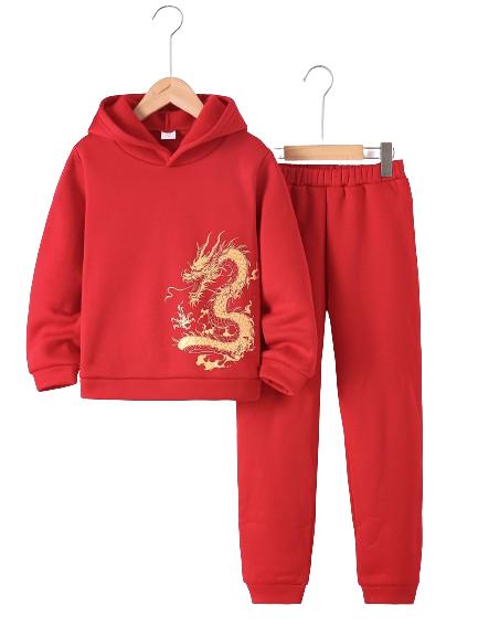 7-15Y Kid Boys 2Pcs's Happy New Year Outfits Casual Hoodies Long Sleeve Pullover Sweatshirt & Pants Joggers Clothing Set Red Catpapa 462311023