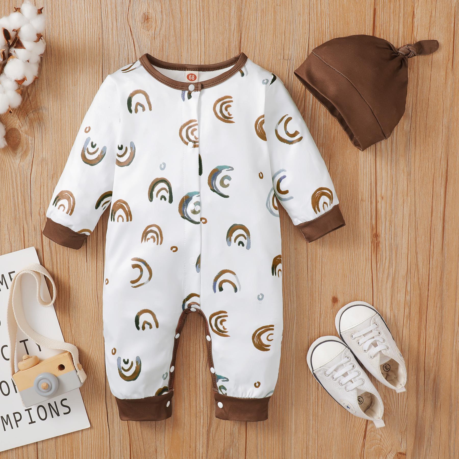 3-24M Kids Fashion Ready Stock Boys Clothes Rainbow Print Sigle Breasted Design With Hat 2Pcs Jumpsuit Set White Catpapa BLW22109666