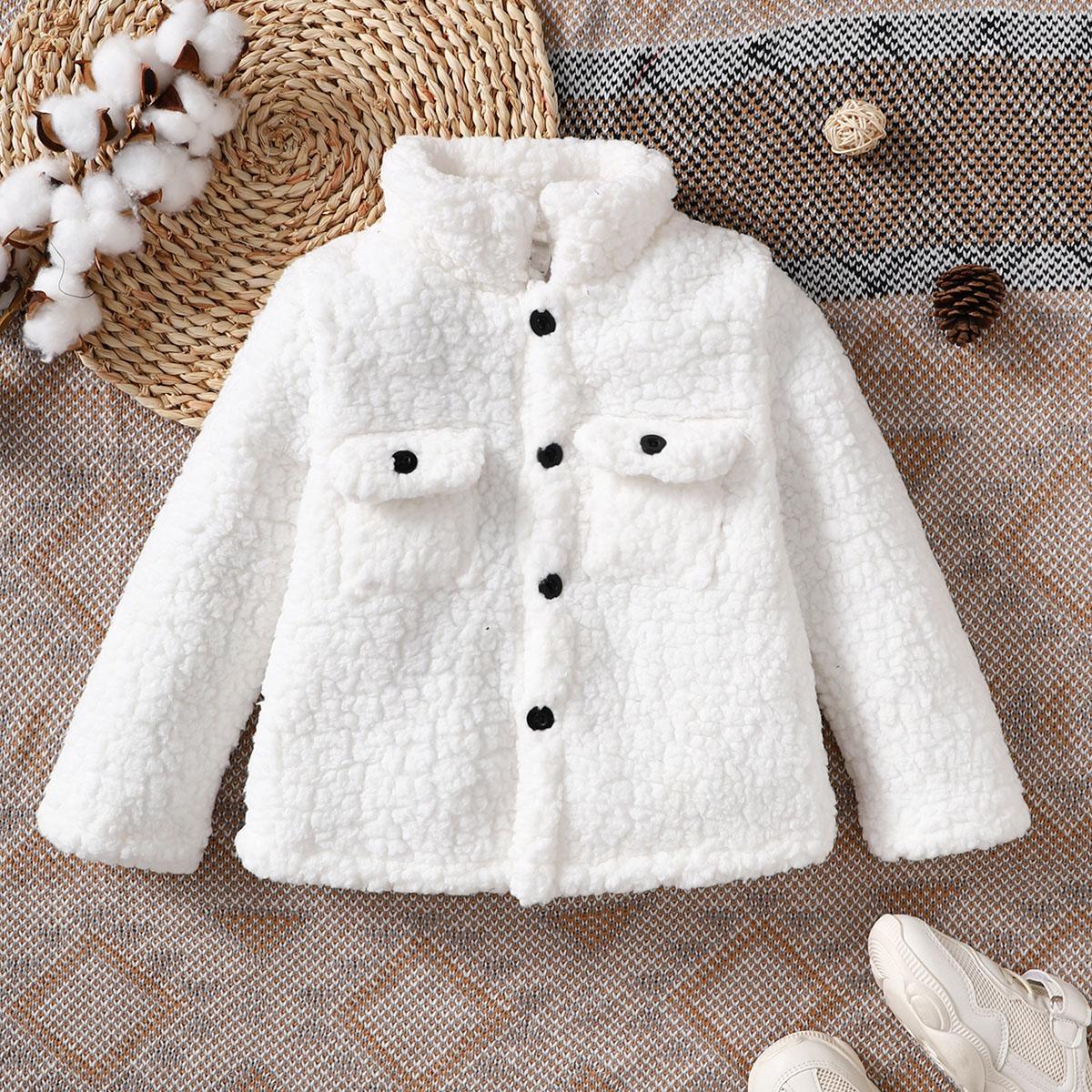 3-7Y Baby Girls Coat Turn-down Collar Winter Long Sleeve Fluffy One Piece Clothes White Catpapa 212206003