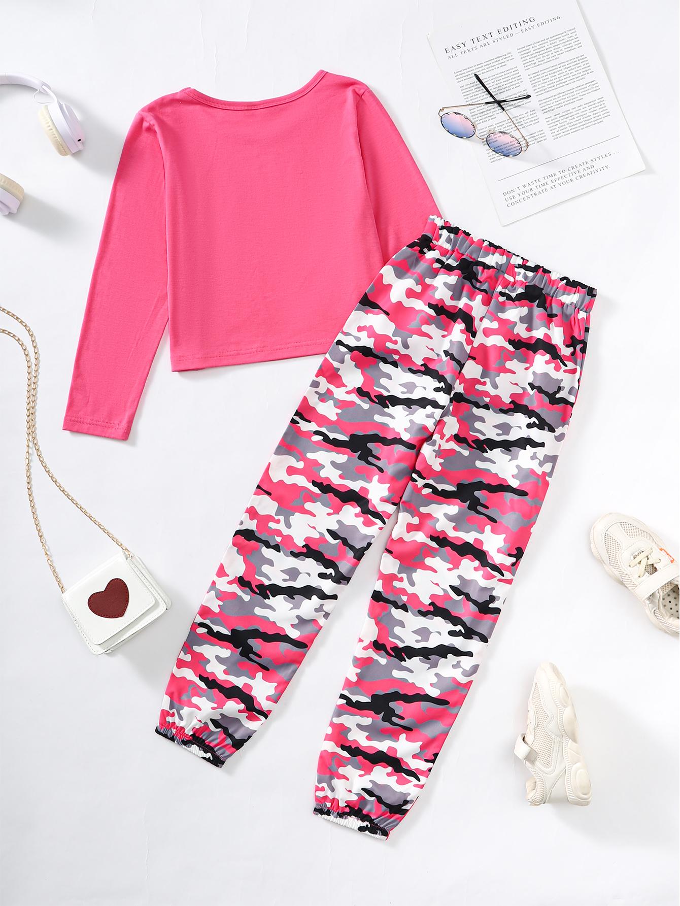 8-14Y Kids Girls Clothes Los Angeles Graphic Long Sleeve Casual Tops Elastic Camouflage Pants 2Pcs Fall Winter Outfits Rose Red Catpapa 462305014