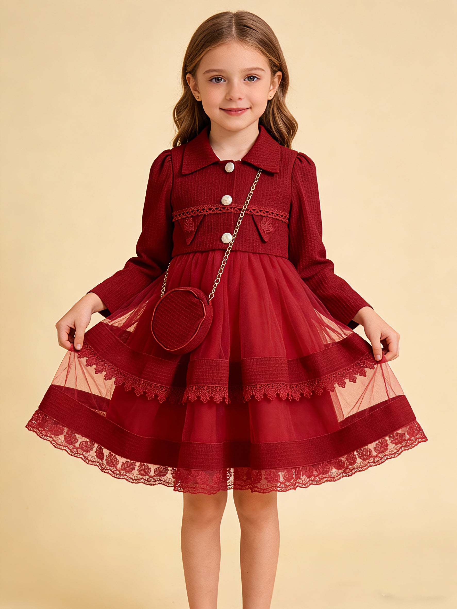 Wholesale 5-10Y Girls 3Pcs Waffle Lace Tiered Tulle Princess Dress Set, Kids Birthday Party Lapel Jacket Soft Fabric Formal Outfit With Mini Chain Bag