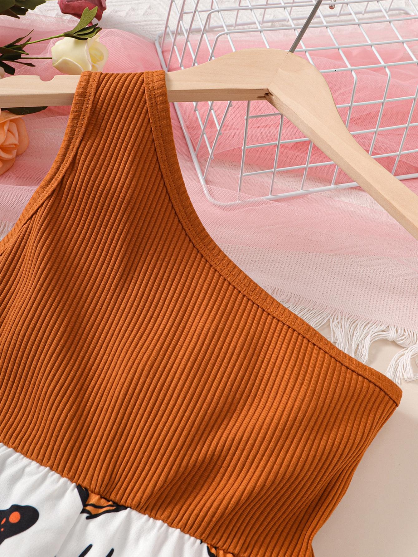 5-14Y Ready Stock Kids Clothes Girls Jumpsuits One Shoulder Splice Bodysuits One Piece Butterfly Print Summer Jumpsuits Brown Catpapa 462303024