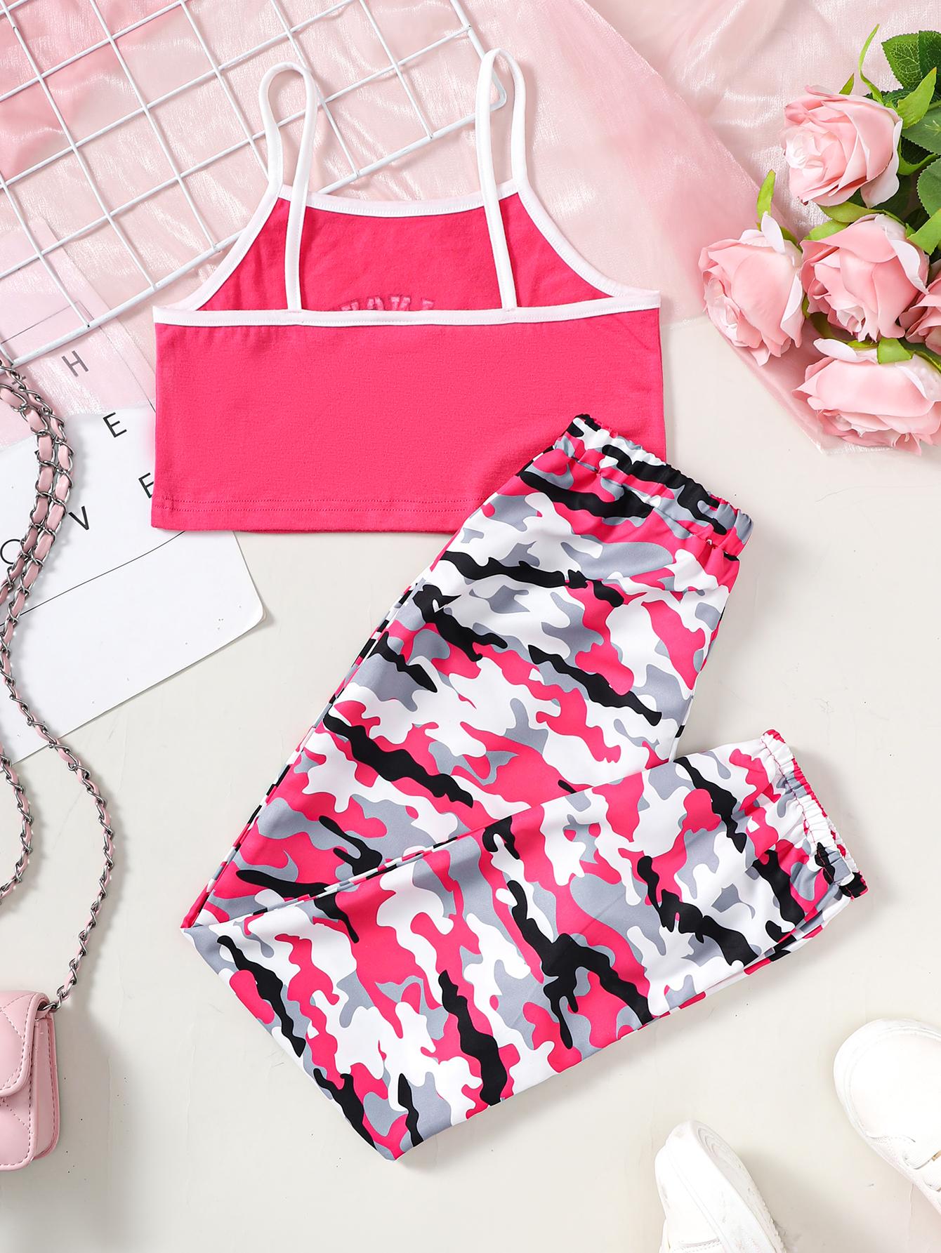 8-14Y Big Girls Clothes Los Angeles Elastic Camouflage Pants 2Pcs Spring Summer Outfits Rose Red Catpapa 462311019