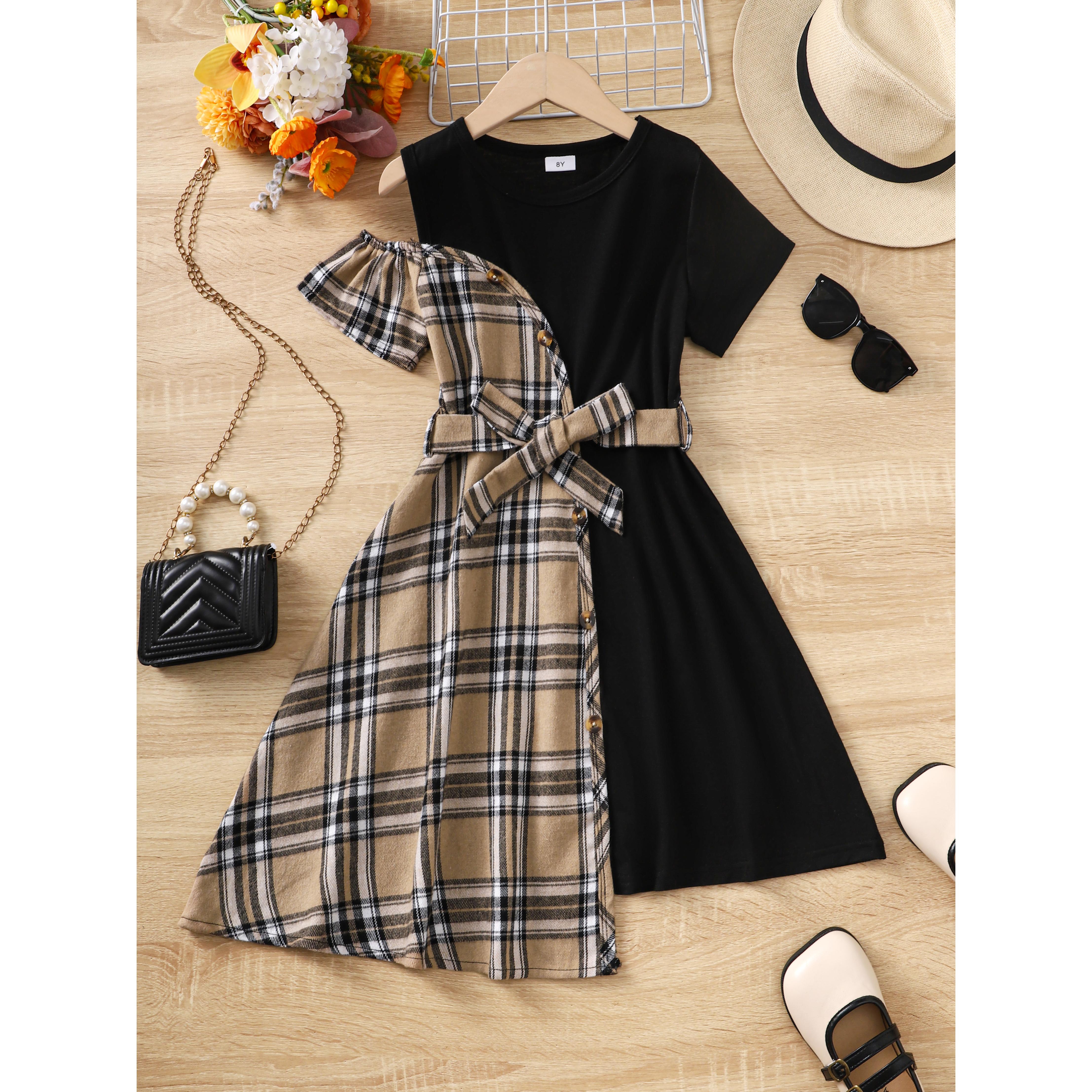 8-14Y Ready Stock Kids Girls Dress Fashion Plaid Splice Off Shoulder Bow Asymmetrical Dress One Piece Leisure Dress Catpapa 462305013