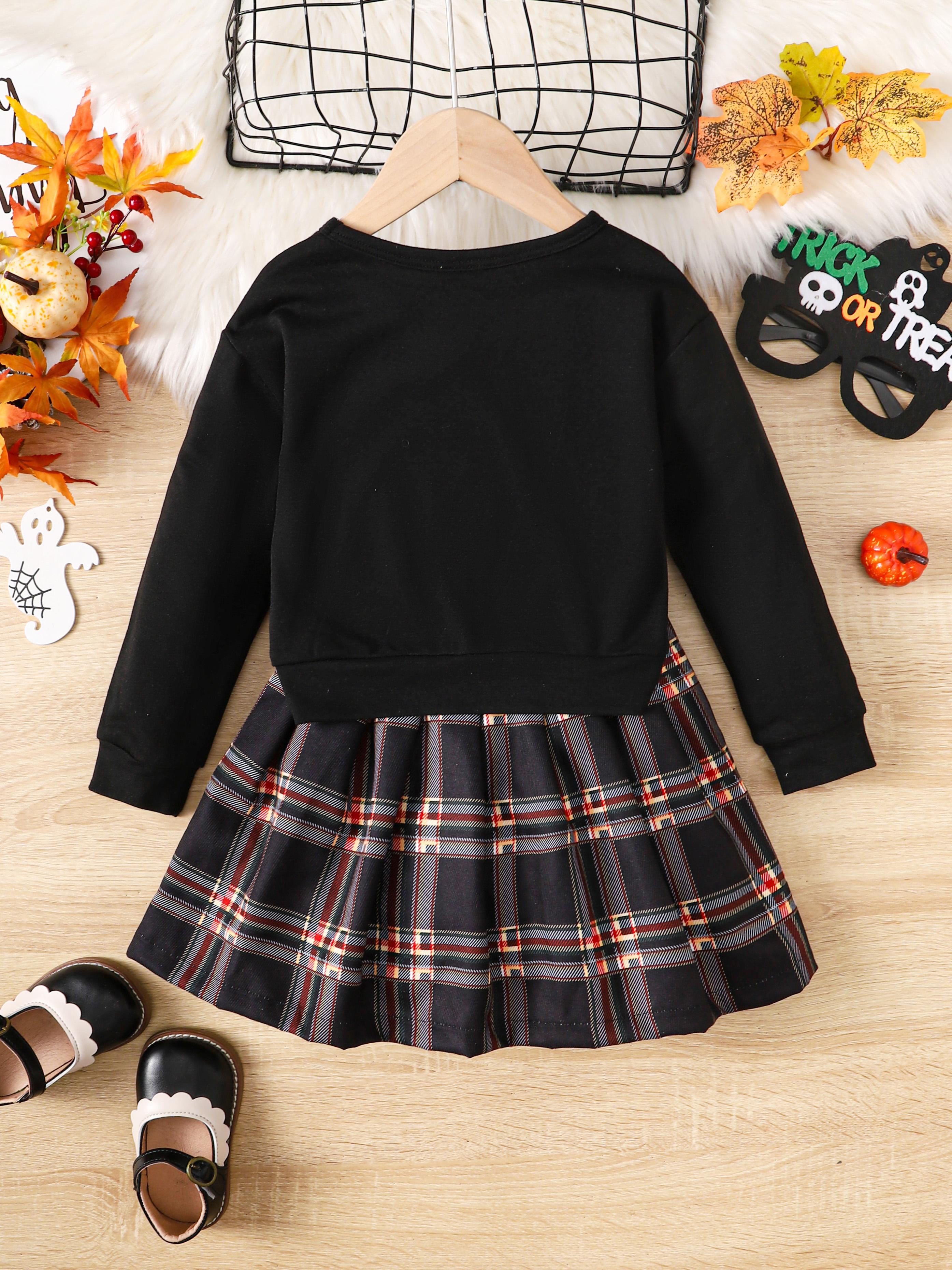 3-8Y Kids Girls Halloween Outfits Skirt Sets "TRICK OR TREAT" Candy Print Long Sleeve Tops Plaid Pleated Skirts 2Pcs Clothing Black Catpapa 462307158