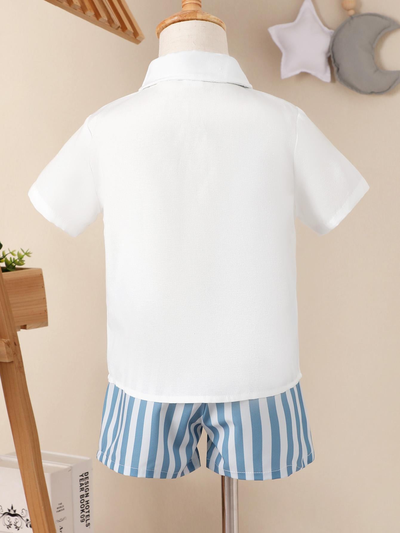3-7Y Ready Stock Baby Boys Clothes Turn-down Collar Tops Elastic Stripe Shorts 2Pcs Gentle Outfits Blue Catpapa 212211005