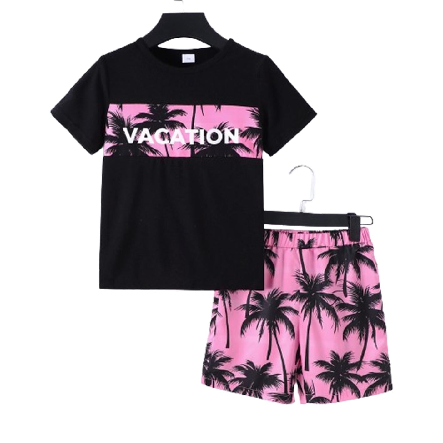 7-15Y Kid Boys Coconut Tree And VACATION Letter Graphic Print Splice Short Sleeve T-shirt 2Pcs Comfy Summer Clothing Pink Catpapa 462401036