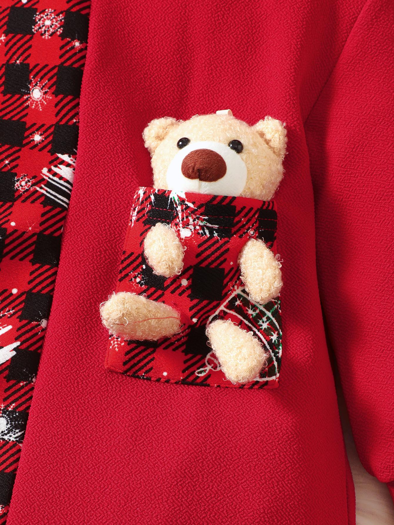 4-7Y 2-piece Girls' Christmas Dress Red Plaid Print Crew Neck Sweatshirt Dress And Plush Toy Bear Set Kids Fall/Winter Clothes Catpapa JIT10432537