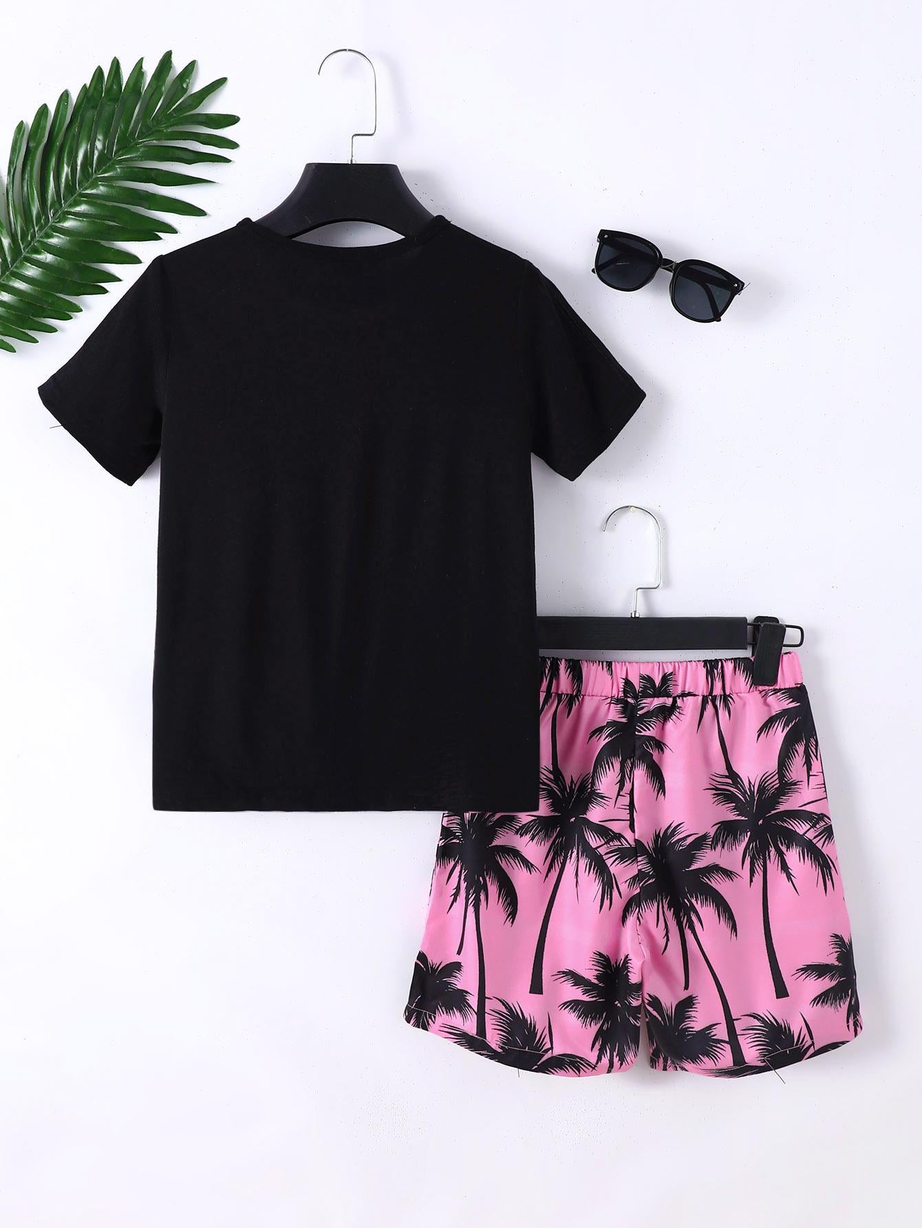 7-15Y Kid Boys Coconut Tree And VACATION Letter Graphic Print Splice Short Sleeve T-shirt 2Pcs Comfy Summer Clothing Pink Catpapa 462401036