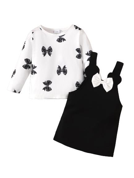 3-24M Baby Girls Ready Stock Clothes Bow Pattern Print Long Sleeve Tops Straps Suspender Skirts 2Pcs Spring Fall Outfits Black Catpapa 462308302