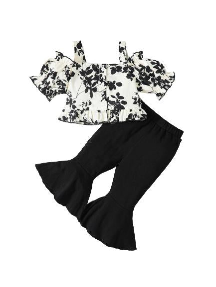 6M-3Y Kids Fashion Ready Stock Girls Clothes Floral Straps Bubble Sleeve Tops Bell-bottomed Pants 2Pcs Niceapparel OOTD White Catpapa 623020005
