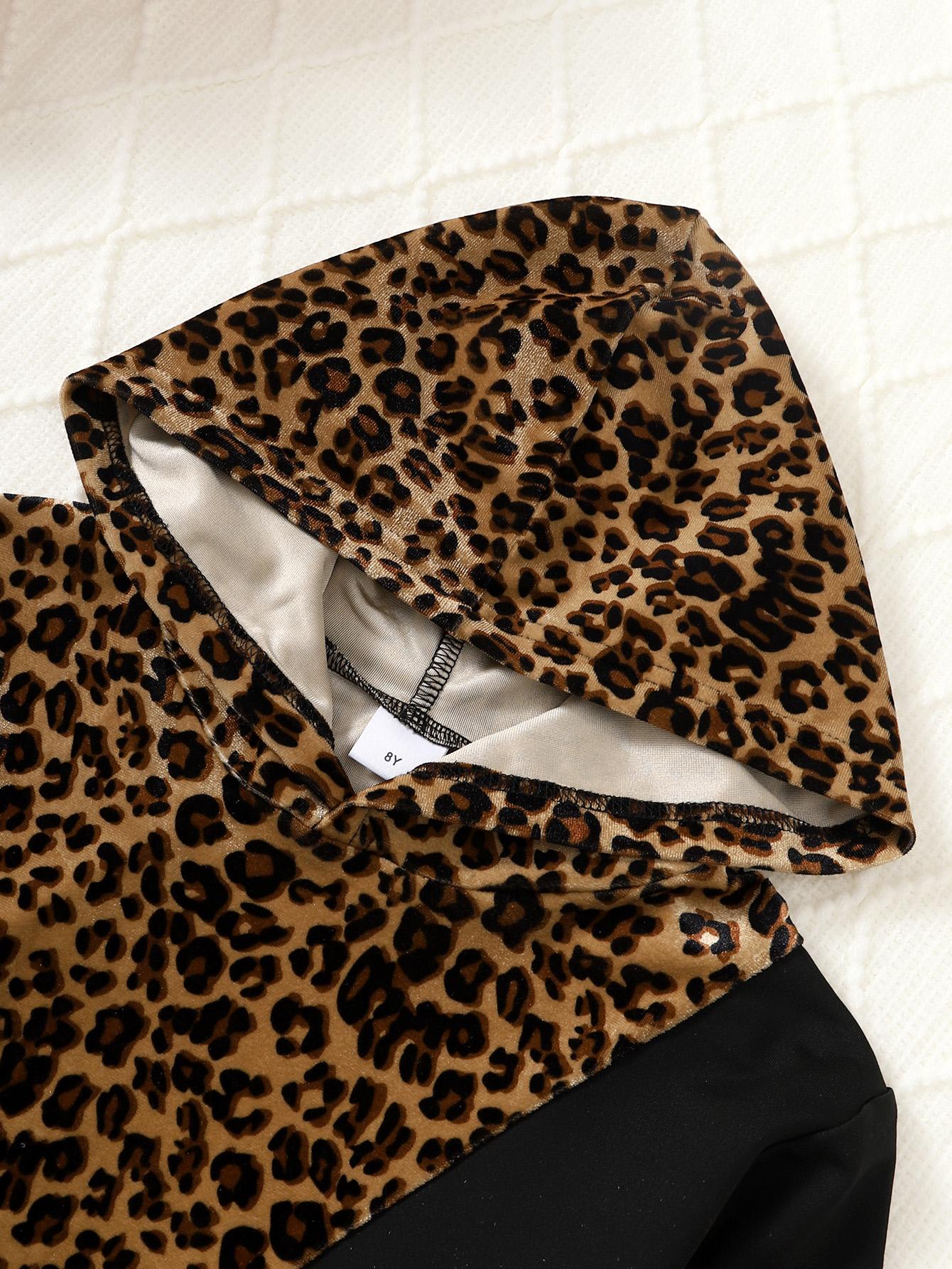 8-14Y Kid Girls Outfits Leopard Pattern Hoodies Short Sweater Hoodies Sleeveless Dress 2Pcs Nice Apparel Clothes Set Black Catpapa 462308013