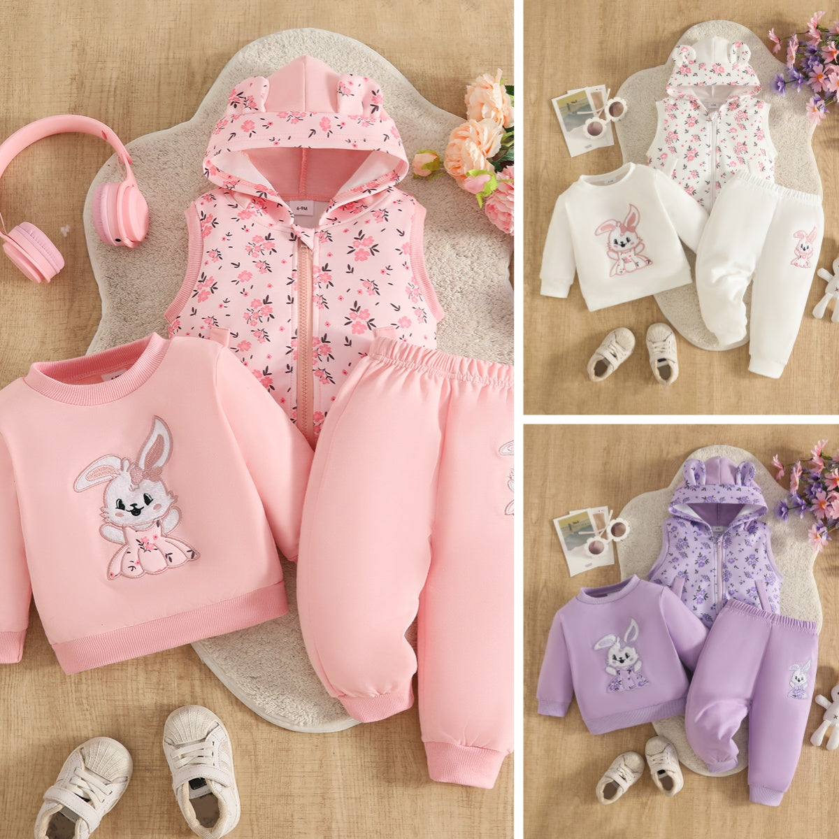 Wholesale 6M-3T Girls 3Pcs Floral Ear Hooded Vest Outfit Set, Soft Cotton Knit Bunny Embroidery Toddler Sweatshirt & Jogger Pants