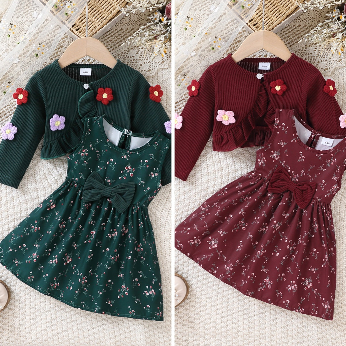 Wholesale 6M-3T Girls 2Pcs Floral Tank Dress & 3D Flower Knit Shrug Set, Soft Rib Knit Vintage Toddler Outfit