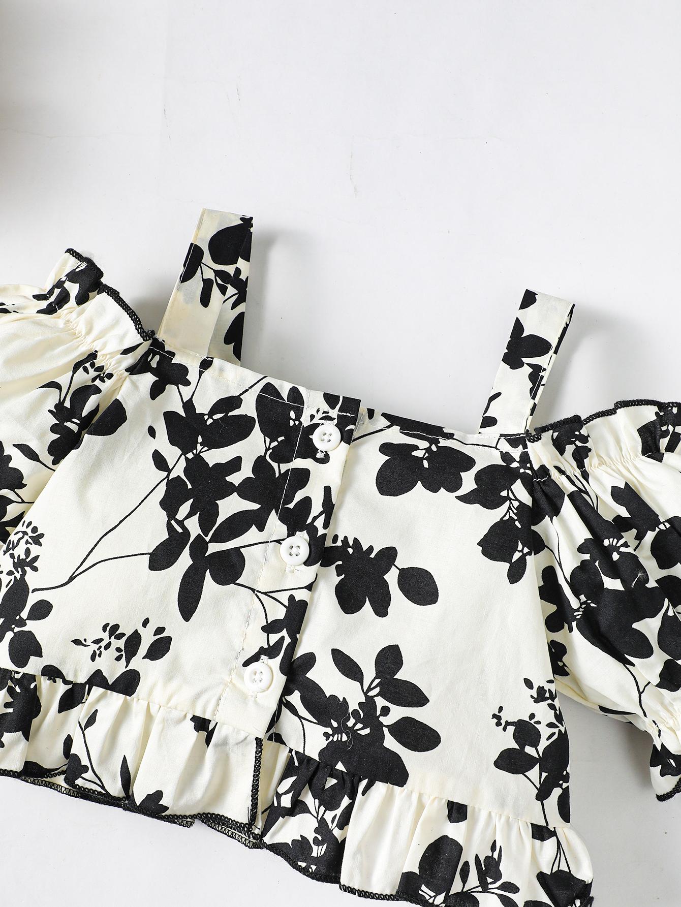6M-3Y Kids Fashion Ready Stock Girls Clothes Floral Straps Bubble Sleeve Tops Bell-bottomed Pants 2Pcs Niceapparel OOTD White Catpapa 623020005