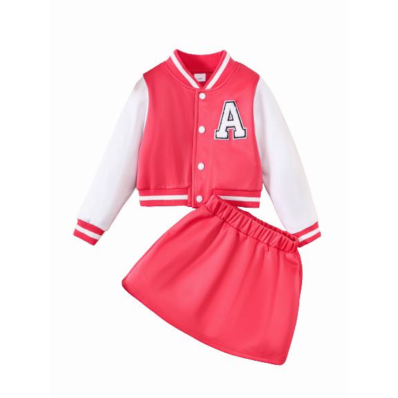 1-8Y Kid Toddler Girls Skirts Set Baseball Jacket Elastic Skirt 2Pcs Spring Fall Clothing From 1-8Y Rose Red Catpapa 462307165
