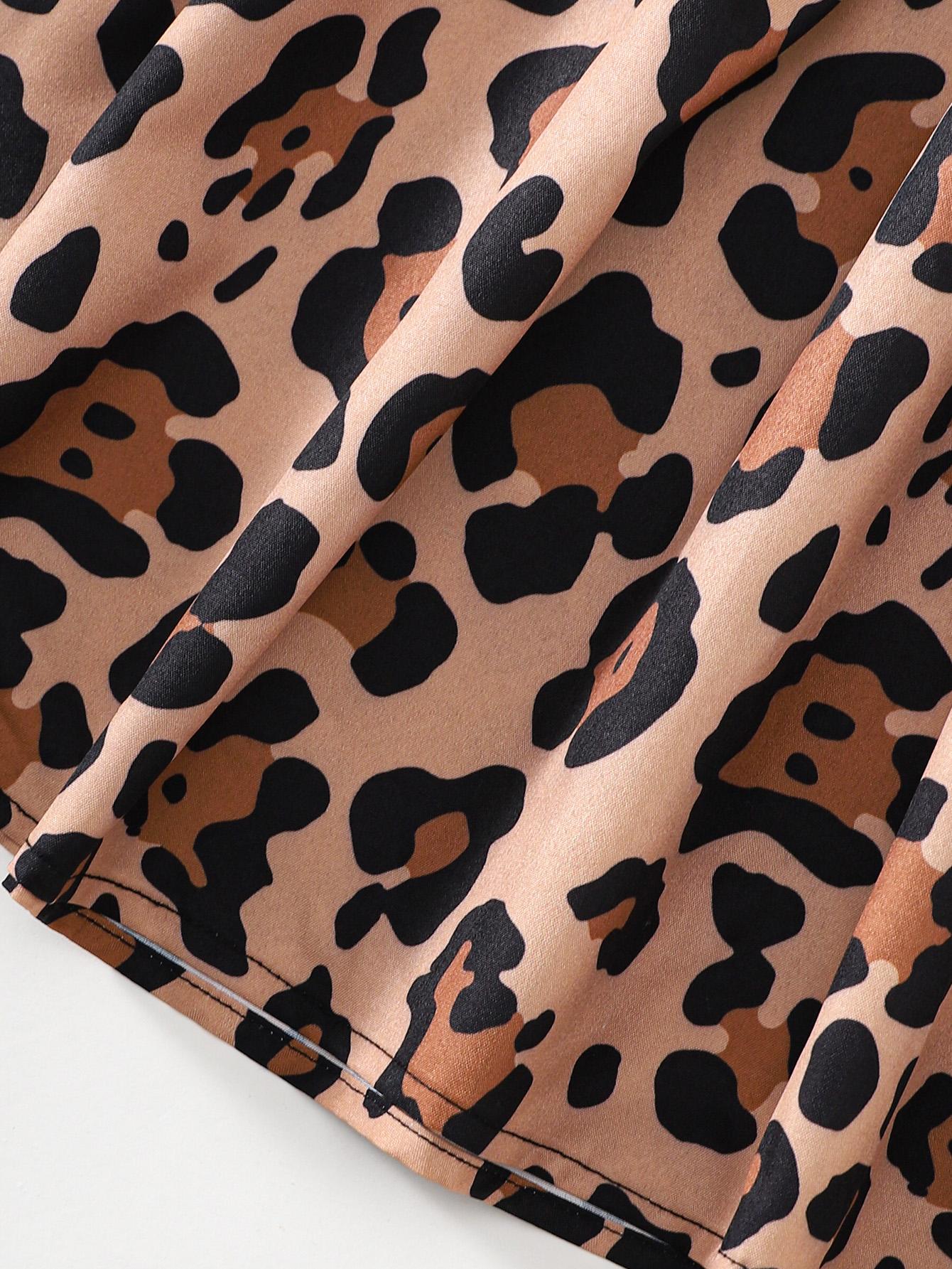 8-14Y Ready Stock Big Girls Dress Leopard Print Splice Short Sleeve Summer Casual Dress With A Belt Black Catpapa 462311016
