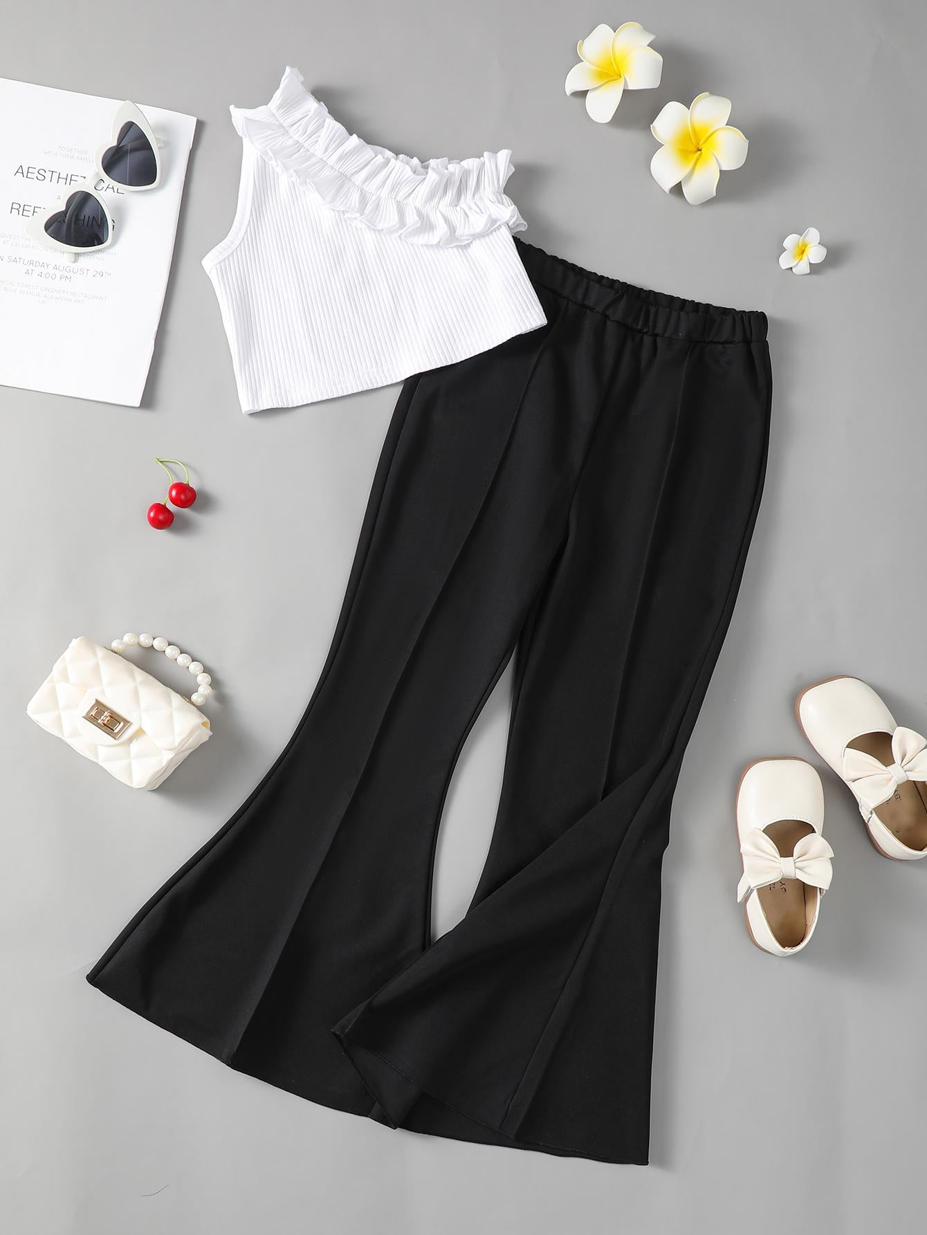 5-14Y Kid Fashion Girls Clothes Sloping Shoulder Lotus Leaf Side Tops Elastic Bell-bottomed Pants 2Pcs Casual Outfits White Catpapa 462302003