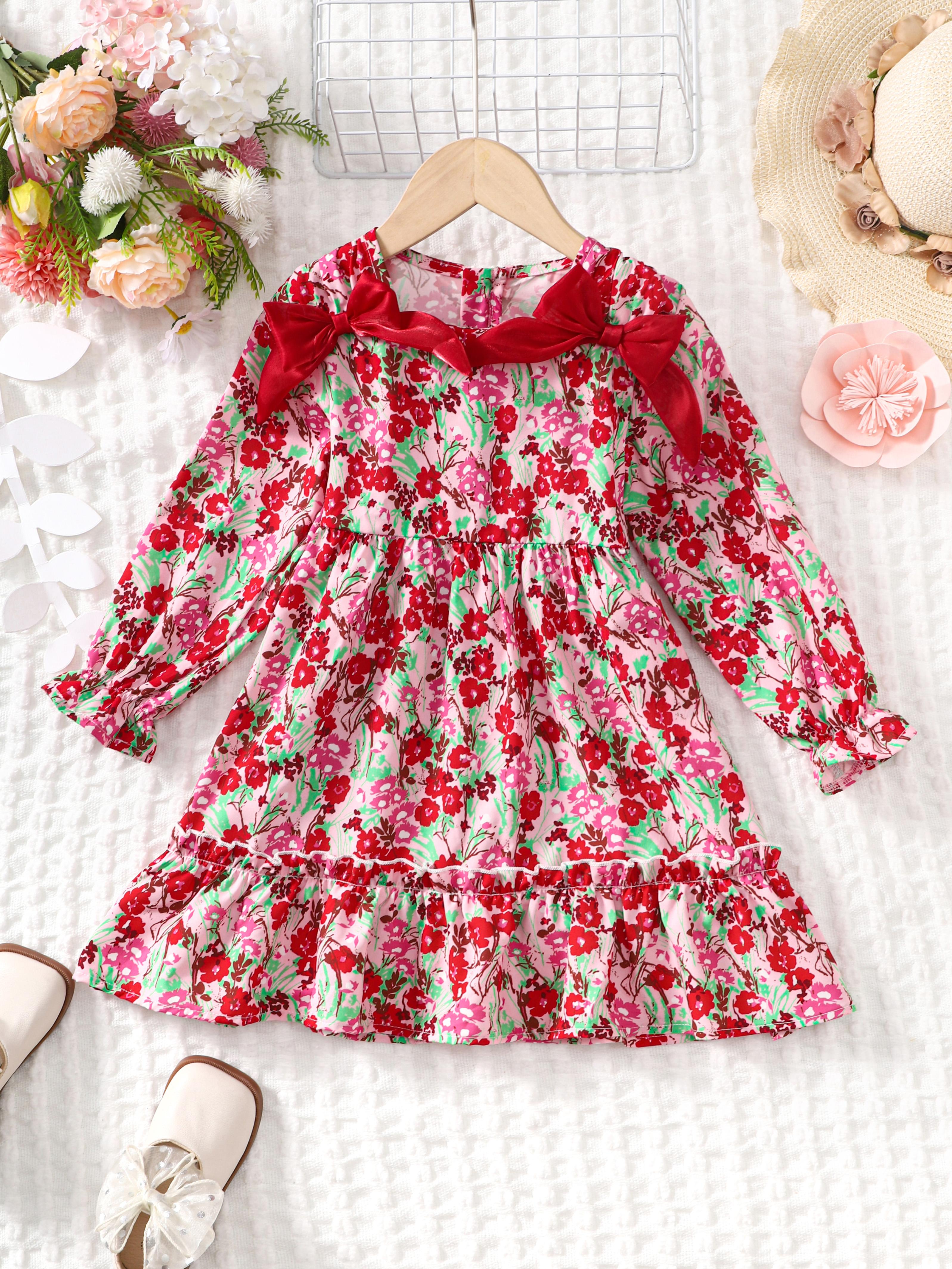 1-8Y Ready Stock Kid Toddler Girls Dress Floral Print Long Sleeve Bow Dress One Piece Casual Dress 1-8Y Red Catpapa 462306309