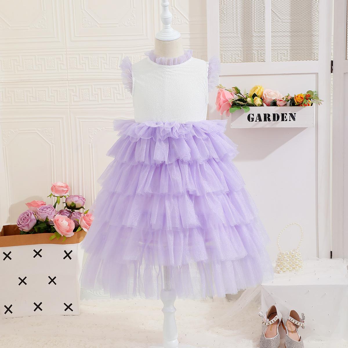 4-12Y Ready Stock Sweet Girls Splicing Sleeveless Gauze Layered Tutu Dress Mesh Dress Summer Party Gift Size: 4T-12Y Purple Catpapa YS05-1