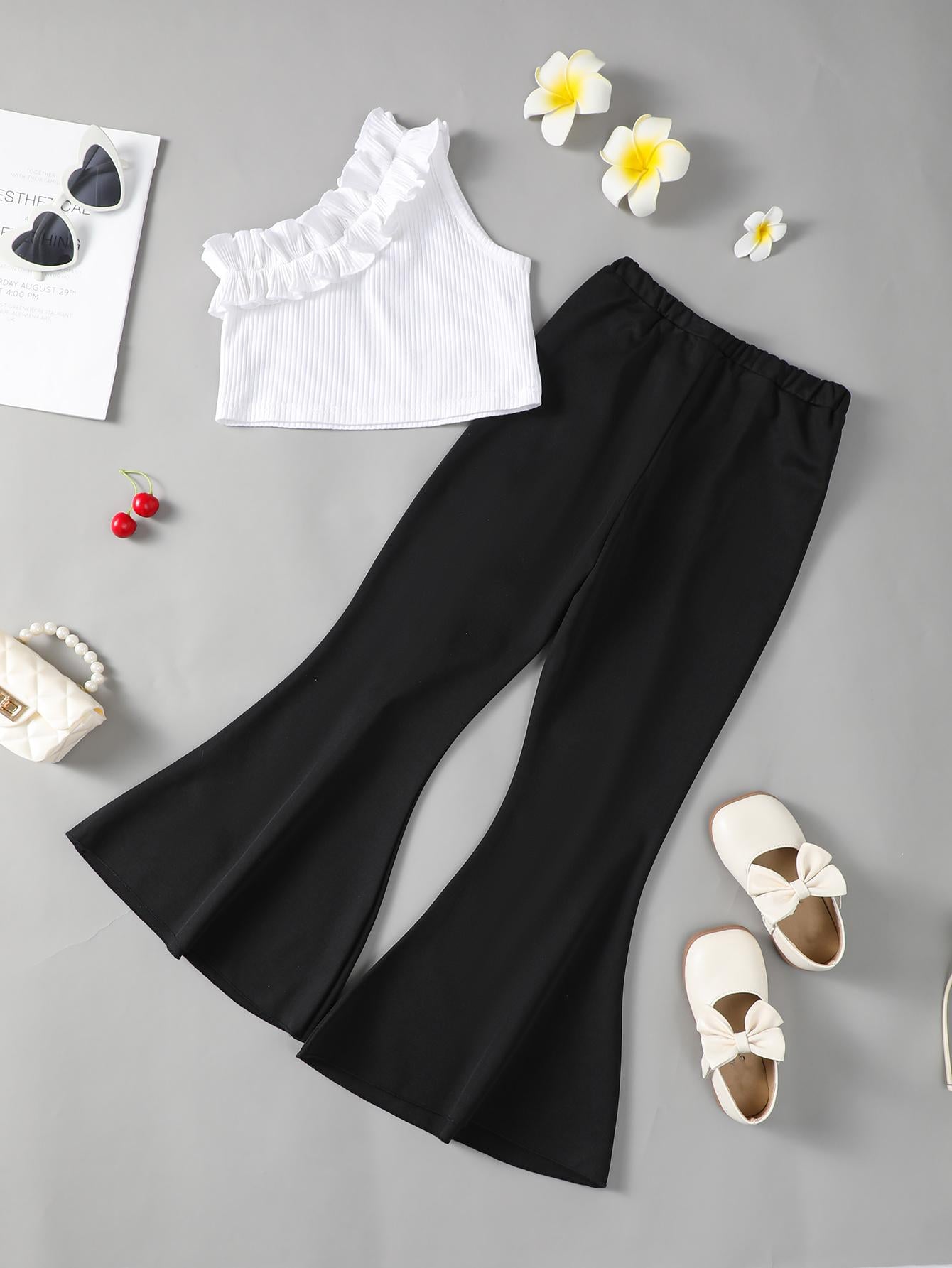 5-14Y Kid Fashion Girls Clothes Sloping Shoulder Lotus Leaf Side Tops Elastic Bell-bottomed Pants 2Pcs Casual Outfits White Catpapa 462302003