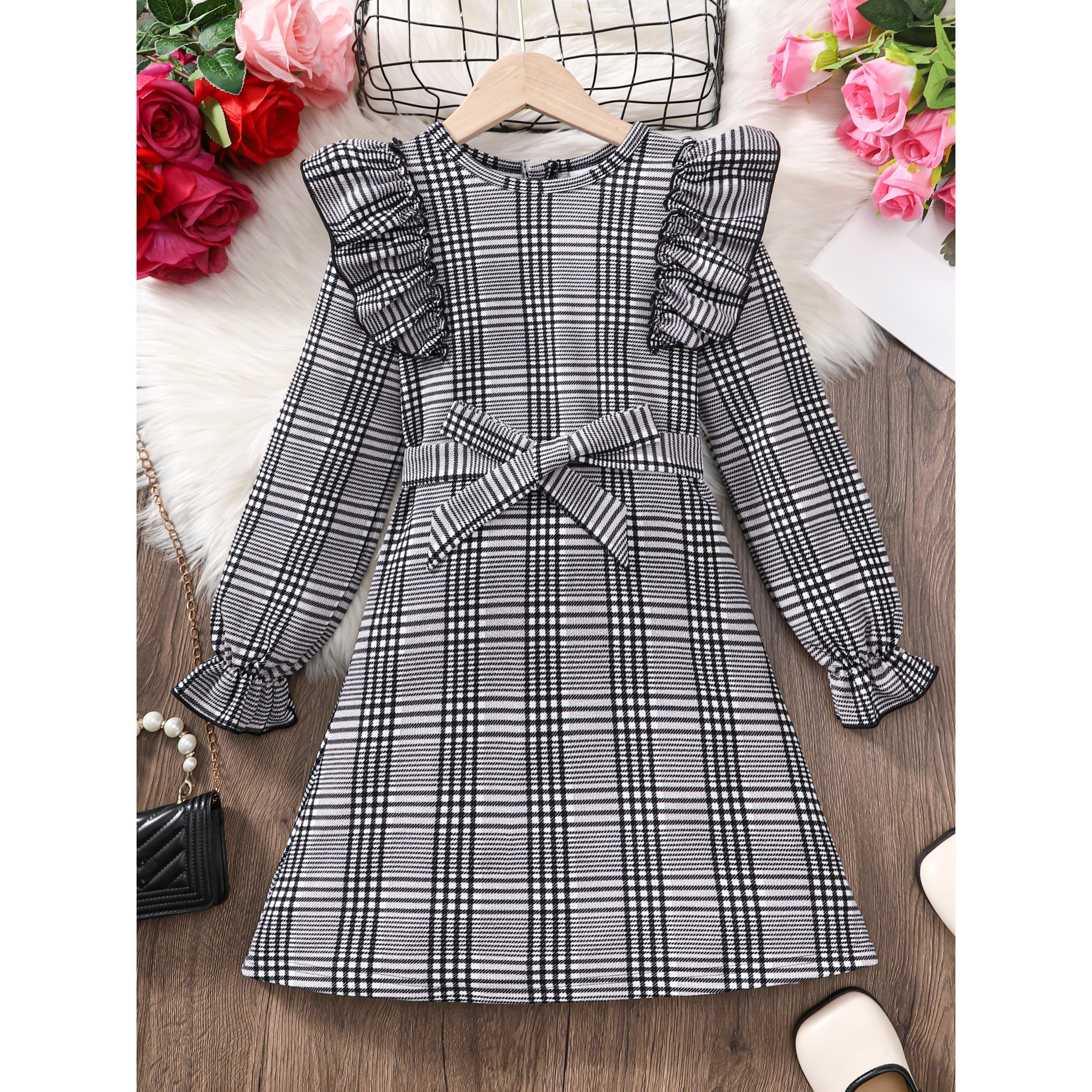8-14Y Ready Stock Kid Girls Fall Winter Dress Plaid Print Splice Ruffle Tie Front Long Sleeve Dress One Piece Retro Dress Black Catpapa 462307022