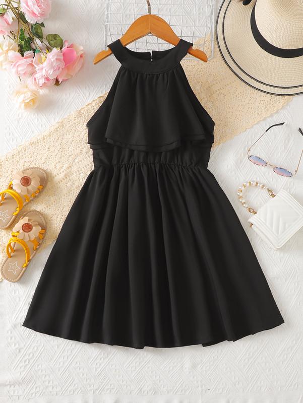 5-14Y Big Girls Dress Solid Color Ruffle Trim Halter Neck Princess Dress For Party Beach Vacation Kids Summer Elegant Clothes Black Catpapa 462302007