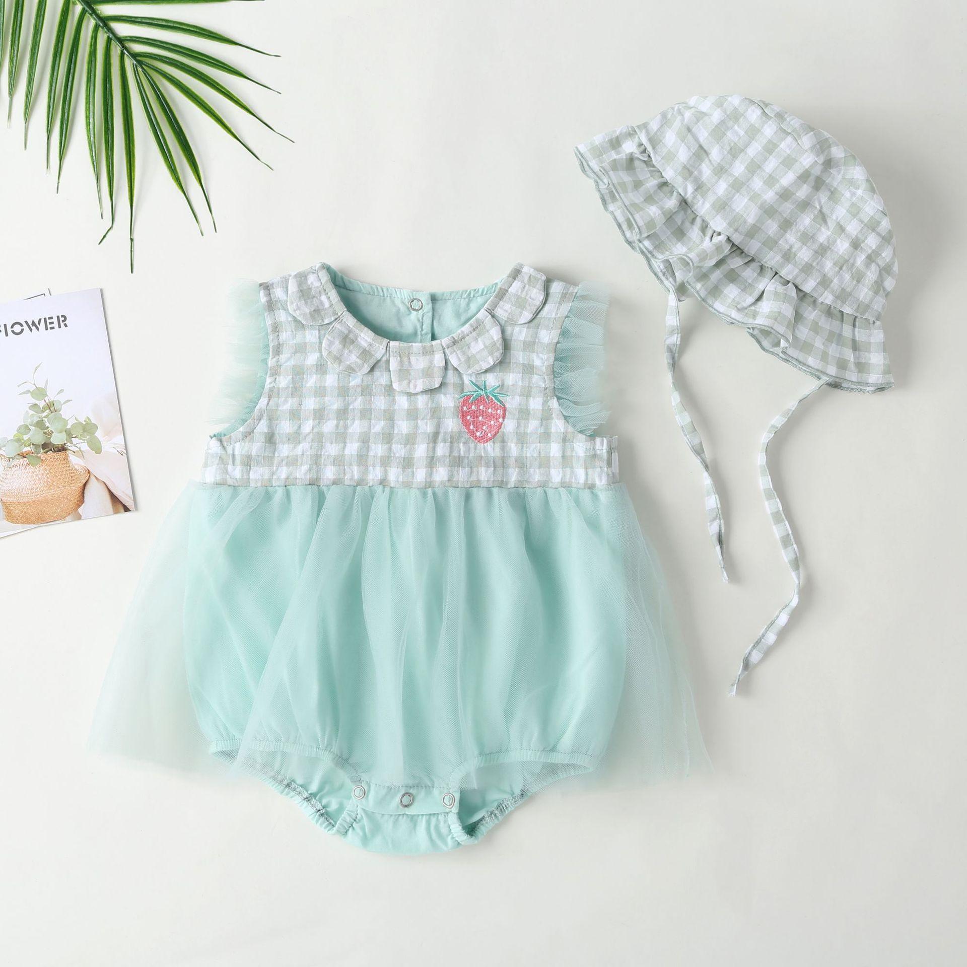2-9M Kid Fashion Ready Stock Plaid Summer Sleeveless Splice Gauze Romper Dress With Hat 2Pcs Catpapa ZX-ZB032