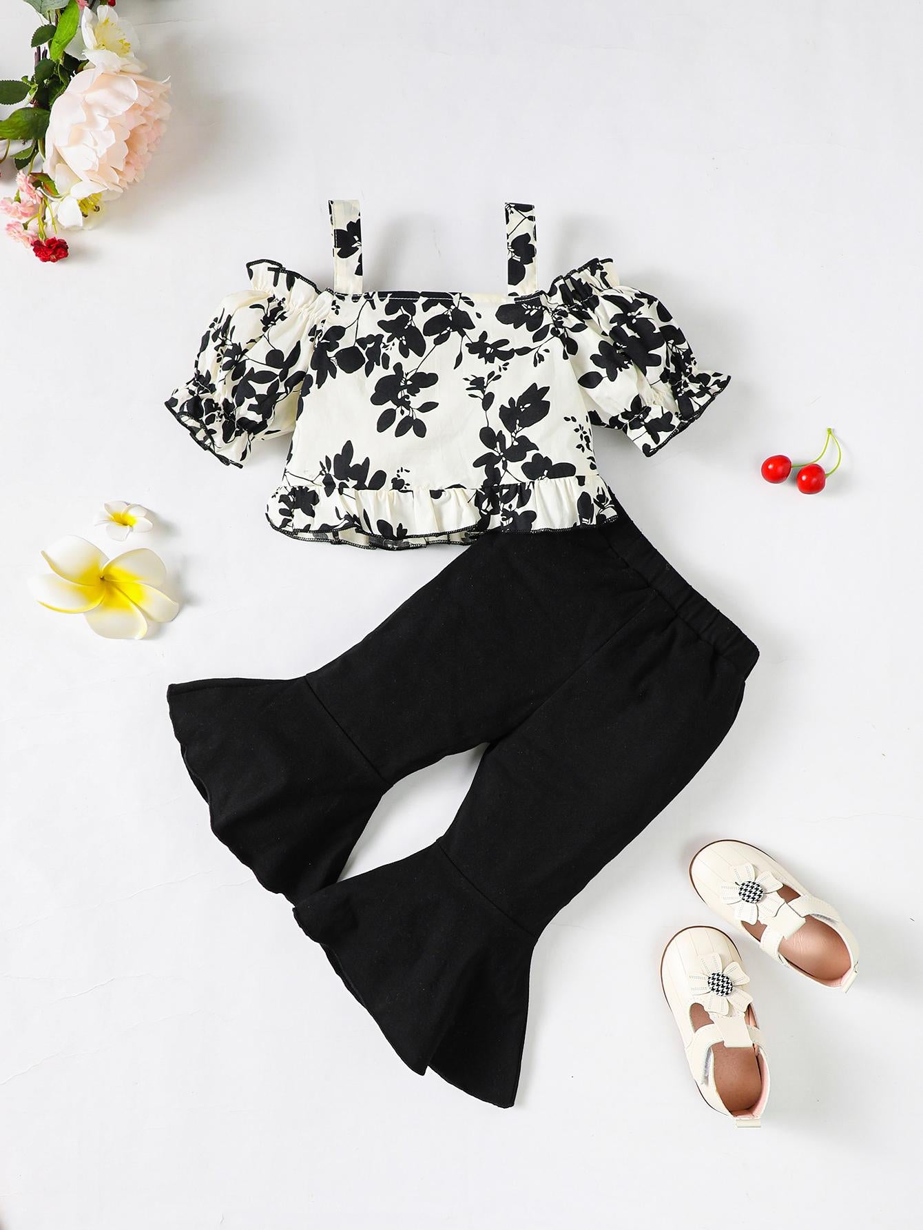 6M-3Y Kids Fashion Ready Stock Girls Clothes Floral Straps Bubble Sleeve Tops Bell-bottomed Pants 2Pcs Niceapparel OOTD White Catpapa 623020005