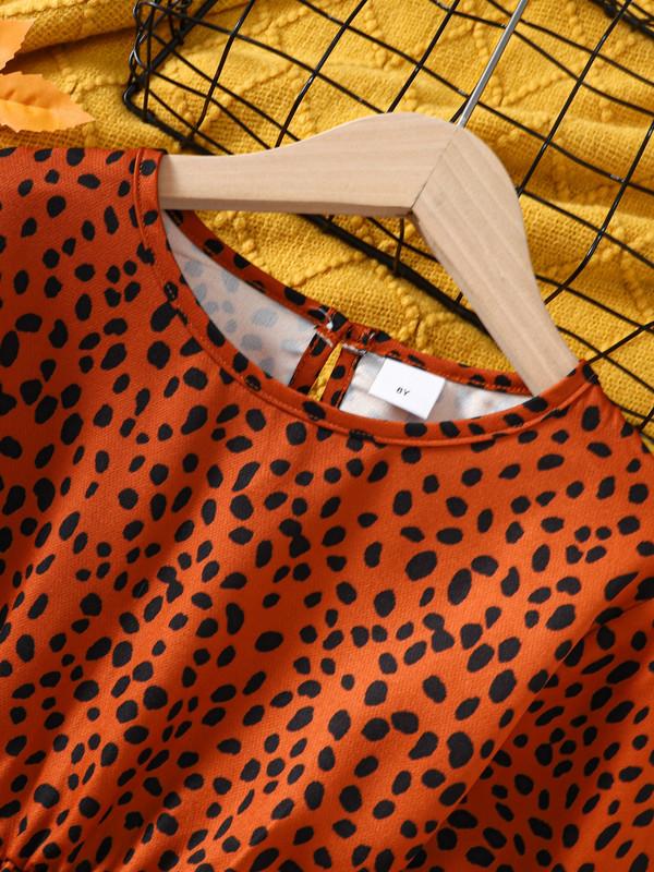 8-14Y Big Girls Dress Elegant Leopard Print Flare Long Sleeve Dress One Piece Trendy Casual Dress For Fall Reddish Brown Catpapa 462308009