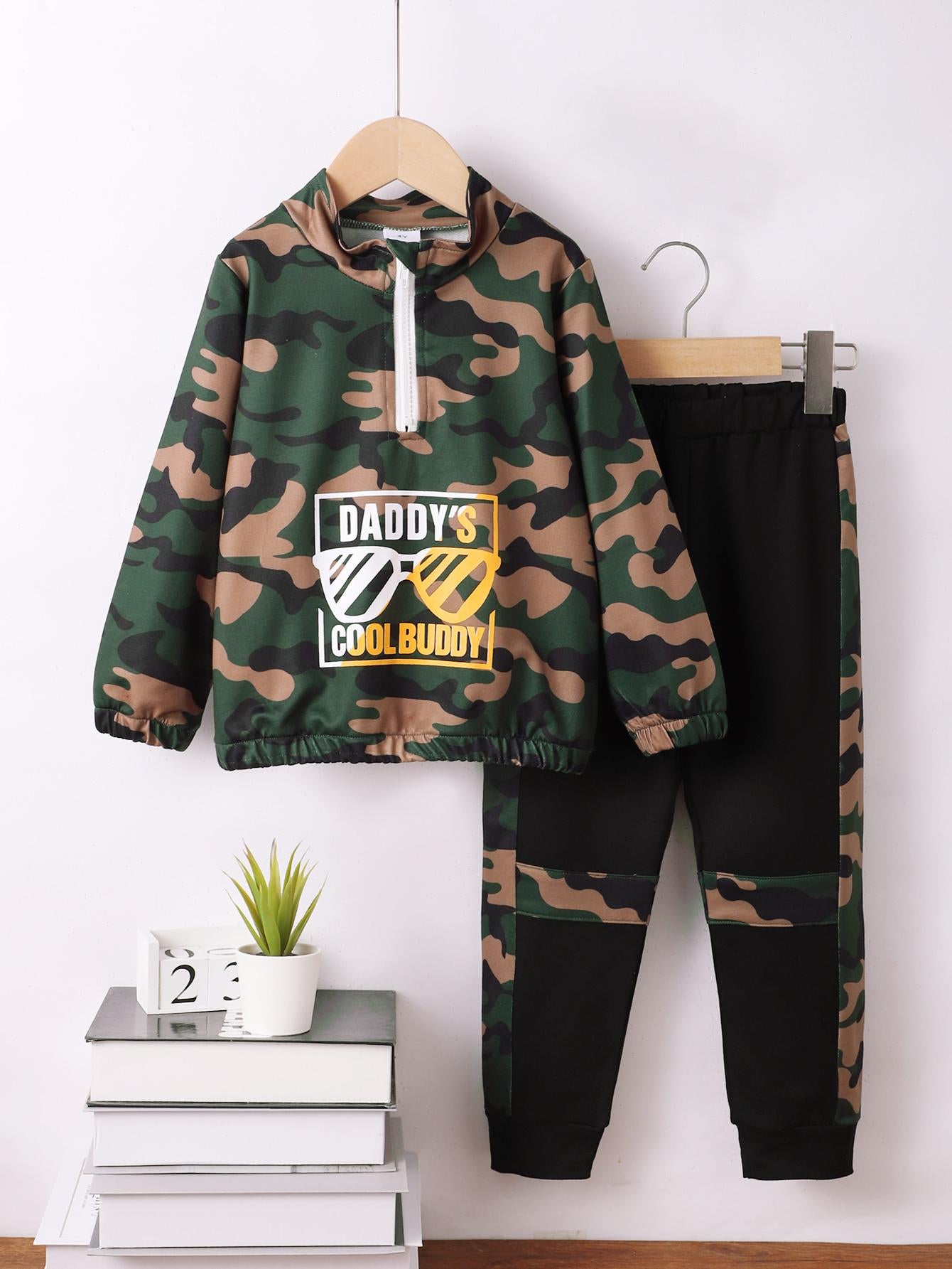 4-6Y Toddler Boys Fall Winter Clothes Kid Boys Pants Sets Letter Graphics Camouflage Print Trousers 2Pcs Casual Clothing Green Catpapa 462311004