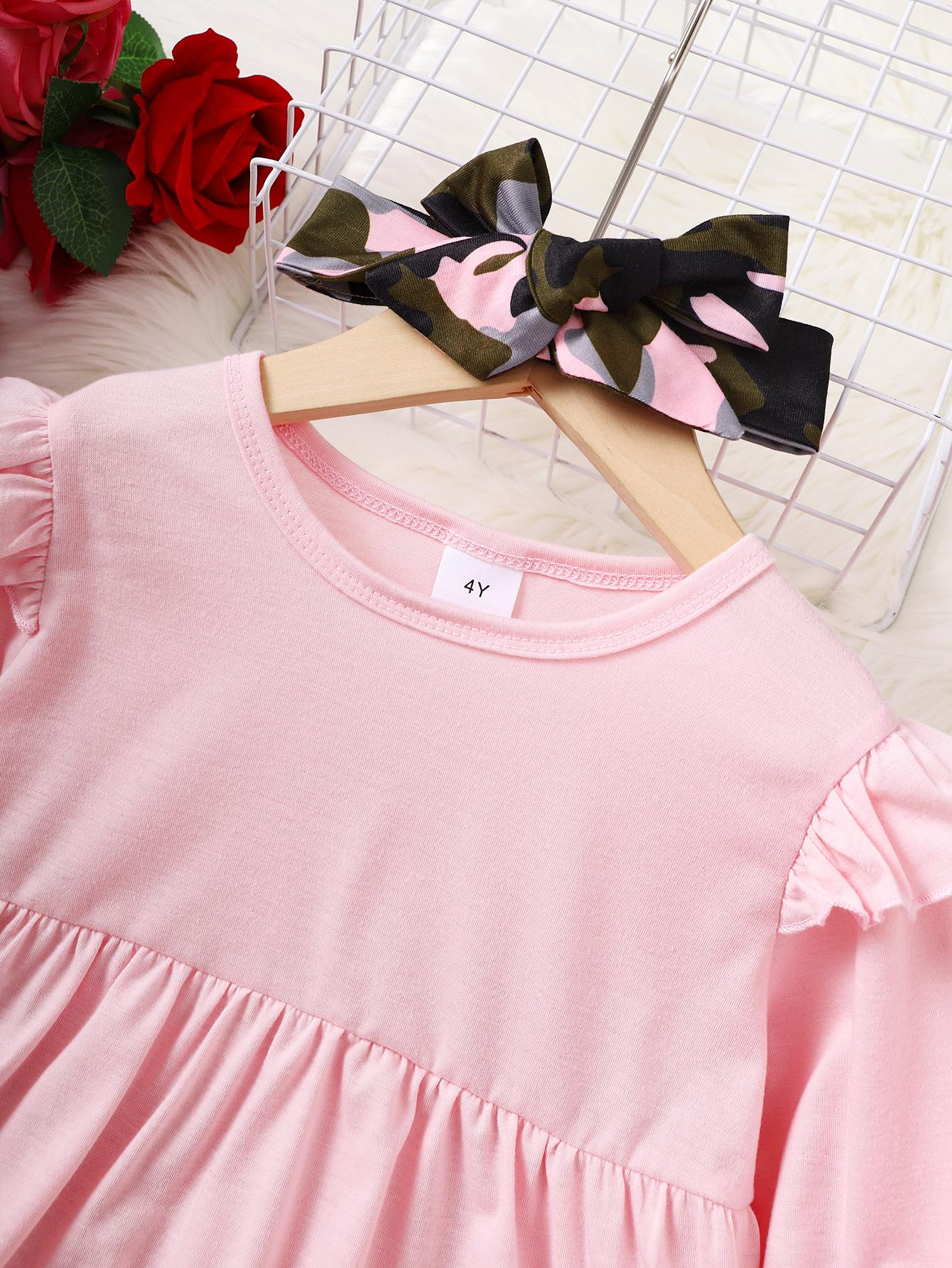4-6Y Kid clothes Girls Clothes Solid Color Ruffle Long Sleeve Dress Camouflage Pants Headband 3Pcs Casual Outfit Sets Pink Catpapa 462311008