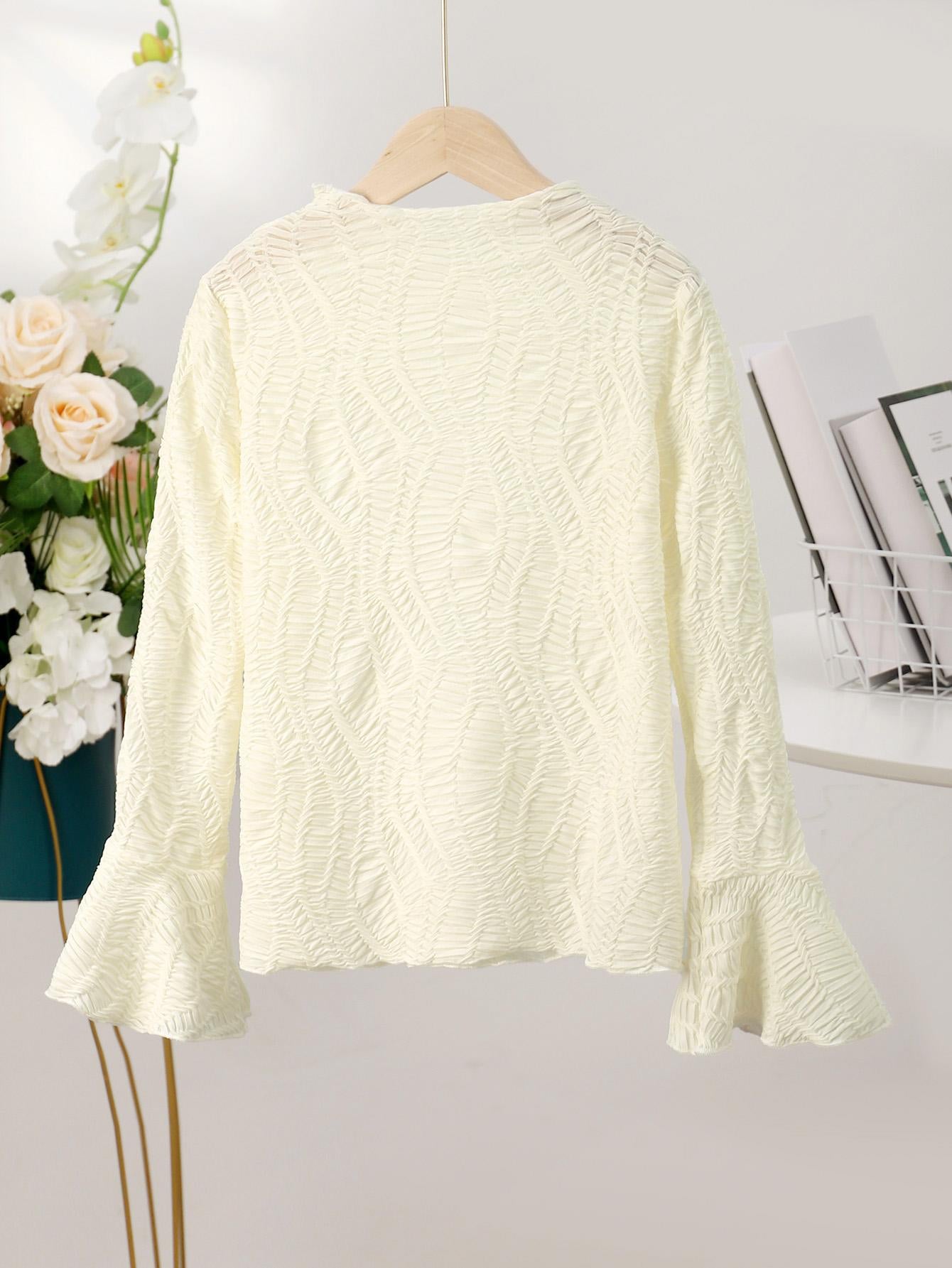 8-14Y Ready Stock 8-14y Big Girls Mock Neck Flare Sleeve Textured Fabric Sweater Elegant Top For Spring And Autumn Apricot Catpapa 462307020