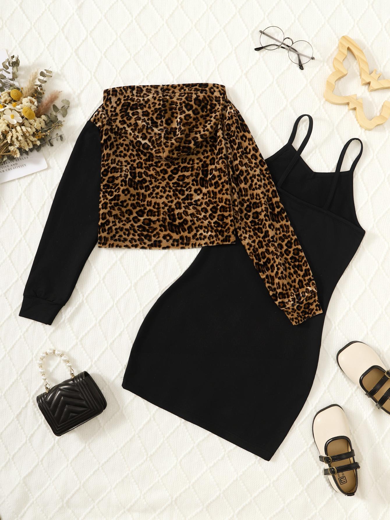 8-14Y Kid Girls Outfits Leopard Pattern Hoodies Short Sweater Hoodies Sleeveless Dress 2Pcs Nice Apparel Clothes Set Black Catpapa 462308013
