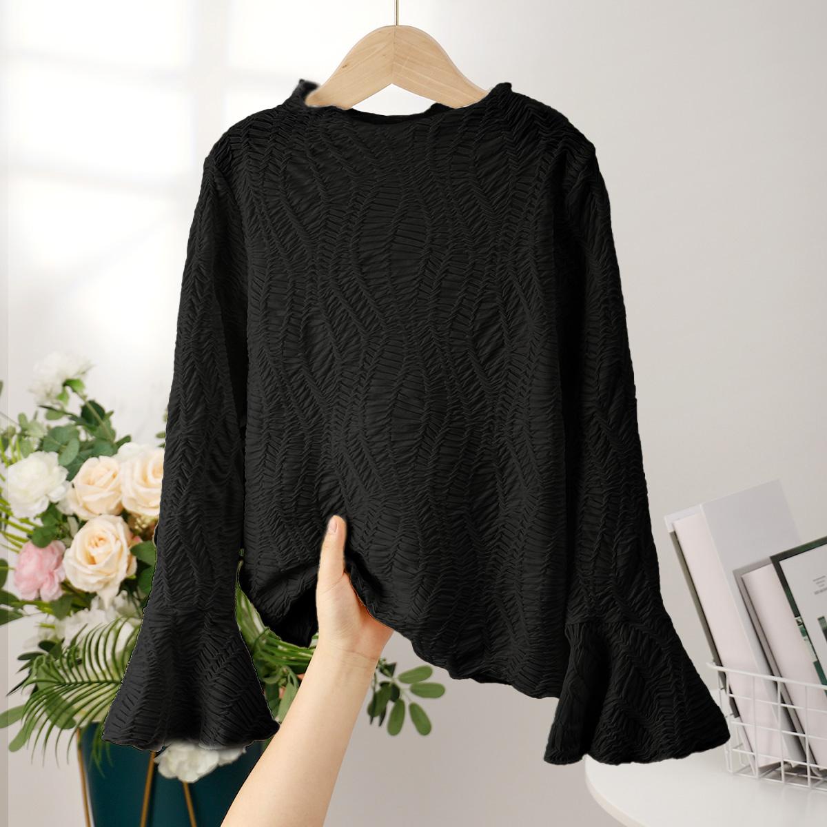 8-14Y Ready Stock 8-14y Big Girls Mock Neck Flare Sleeve Textured Fabric Sweater Elegant Top For Spring And Autumn Apricot Catpapa 462307020