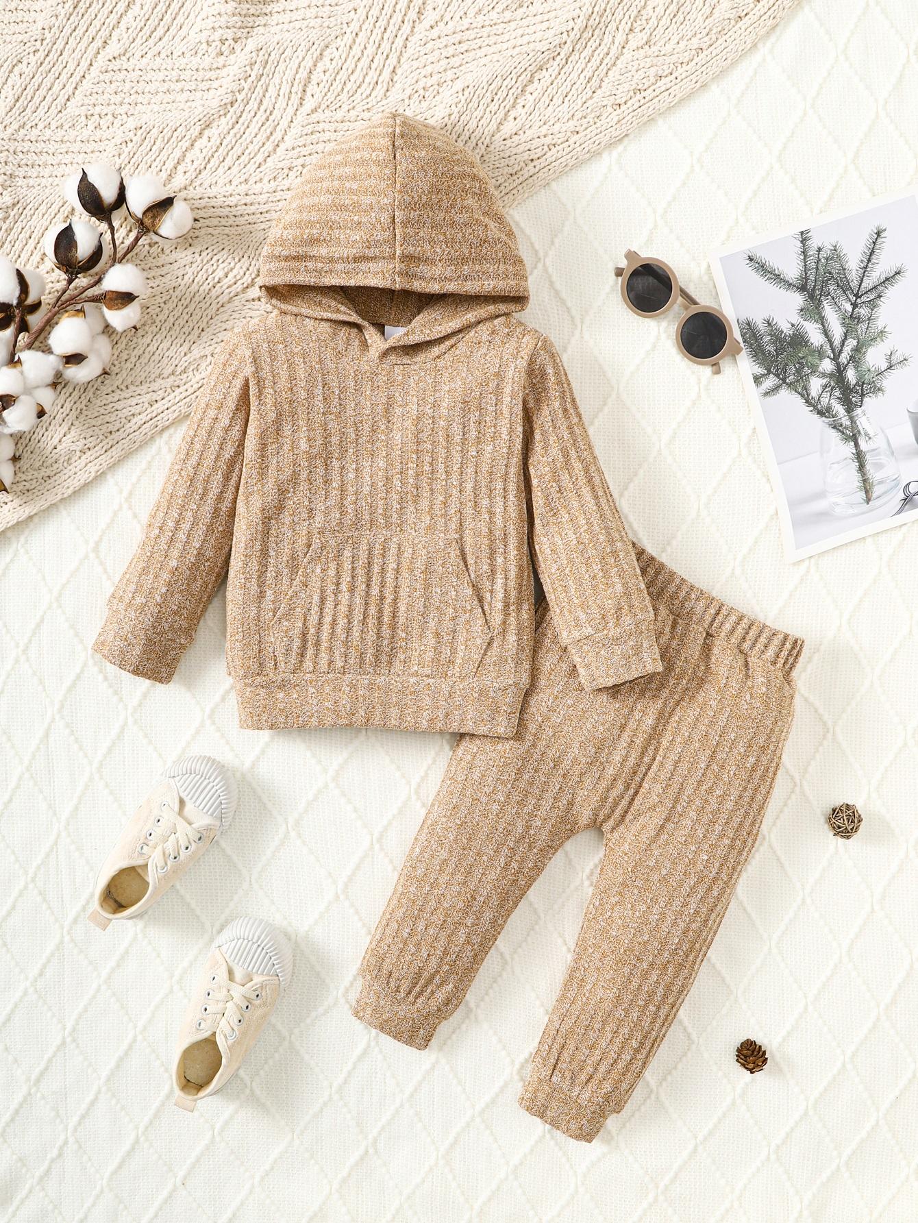 6M-3Y Baby Boys Clothes Solid Color Casual Knitted Long Sleeve Hoodies Tops Elastic Pants 2Pcs Outfits Size: 6M-3Y Light Brown Catpapa 462308181