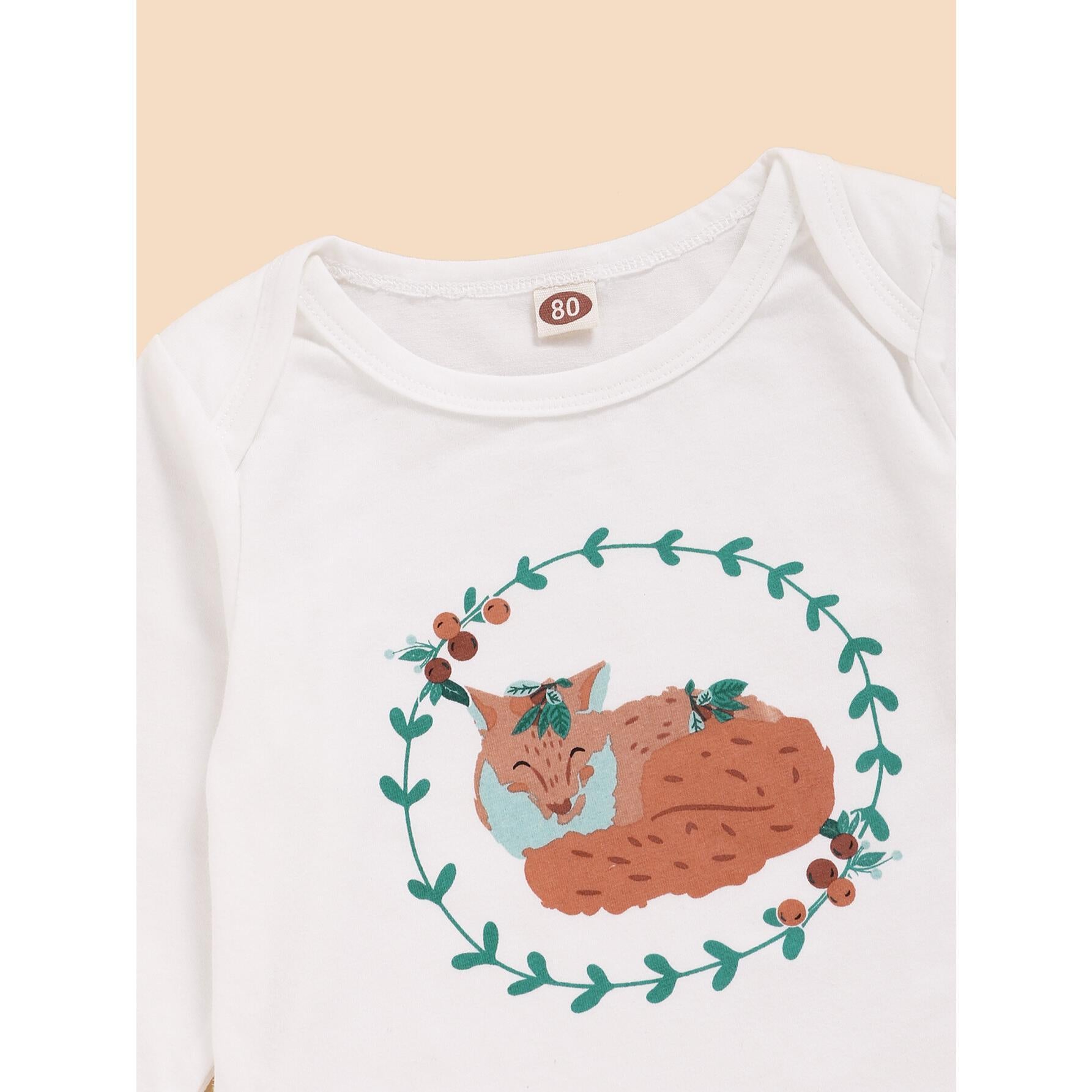 3-24M Kid fashion Girl Clothes Girl Outfits Long Sleeve Fox Print Romper Top Pants Hat 3PCS Clothing Set White Catpapa WL20061083