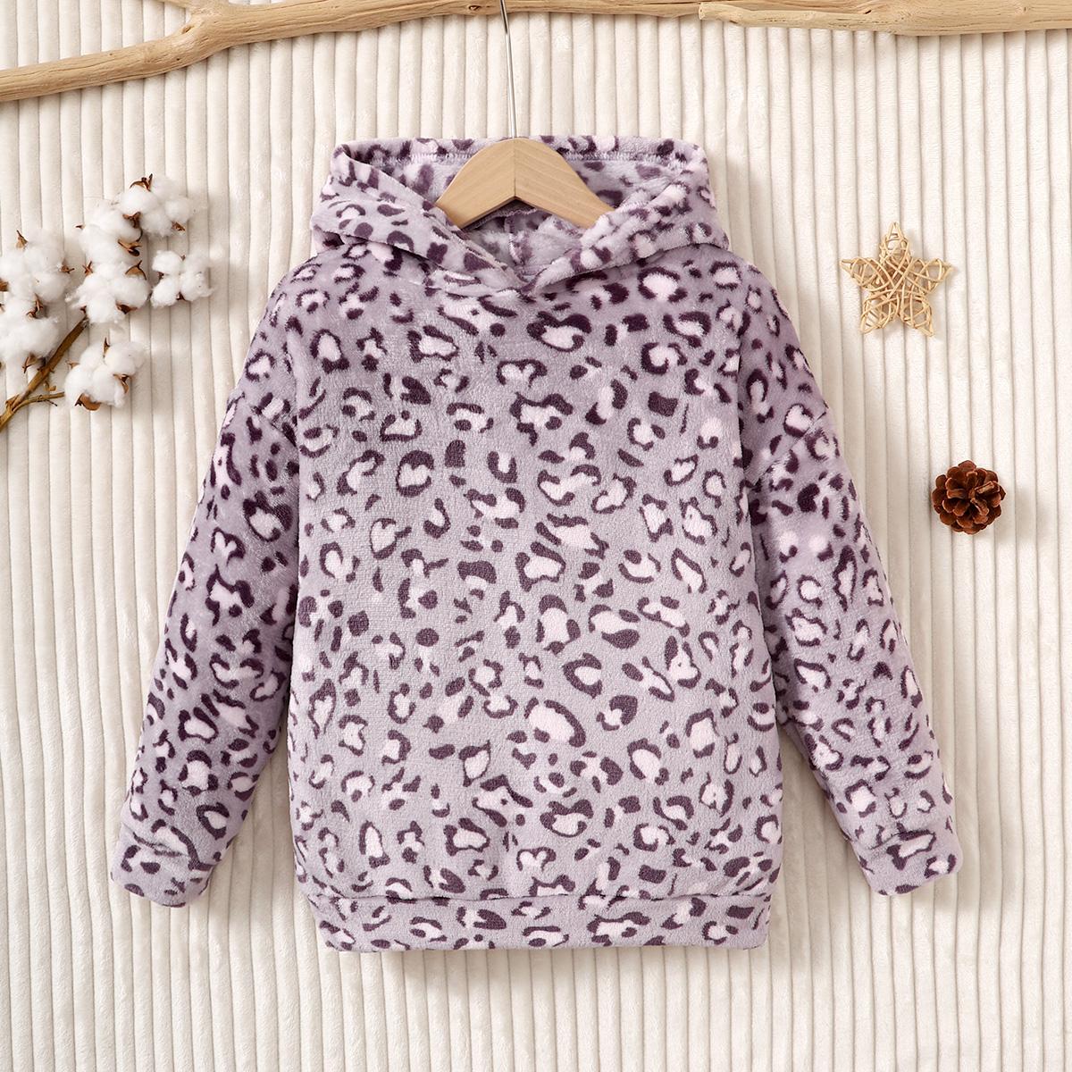 8-14Y Big Girls Plush Leopard Pattern Furry Warm Hooded Sweatshirt Coat For Teen Kids Fall/ Winter Outfit Purple Catpapa 462307018