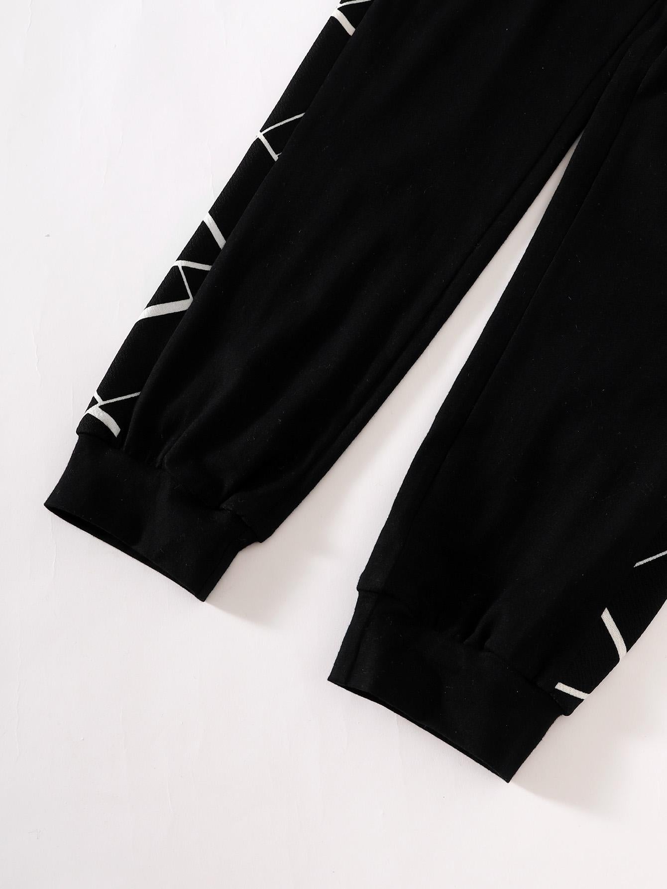 5-14Y Ready Stock Kids Clothes Boys Clothes Geographical Printing Fall Hoodies Elastic Splice Winter Pants 2Pcs Outfits Set Black 462304015