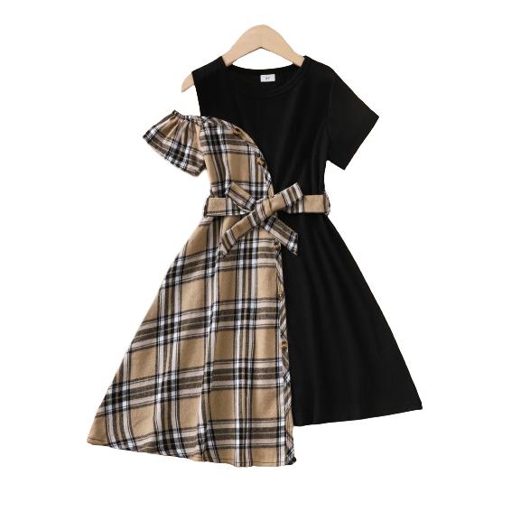 8-14Y Ready Stock Kids Girls Dress Fashion Plaid Splice Off Shoulder Bow Asymmetrical Dress One Piece Leisure Dress Catpapa 462305013