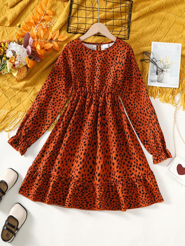 8-14Y Big Girls Dress Elegant Leopard Print Flare Long Sleeve Dress One Piece Trendy Casual Dress For Fall Reddish Brown Catpapa 462308009