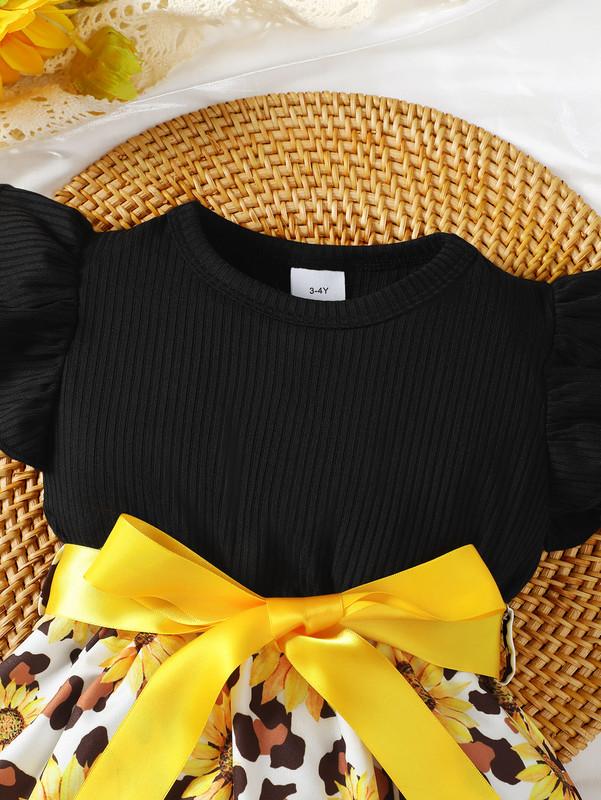 4-7Y Girls Dress Kid Girls Sleeveless Sunflower Print Leopard Pattern Splice Dress One Piece Summer Casual Dress Black Cattpapa GS132312157