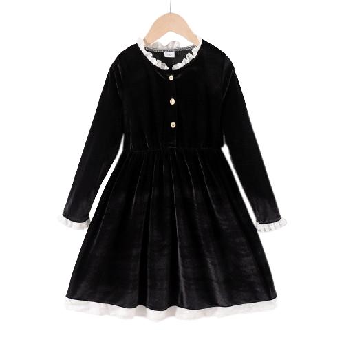 8-14Y Ready Stock Kids Clothes Girls Dress Retro Velvet Lace Solid Color Dress One Piece Leisure Dress Black Catpapa 462304011