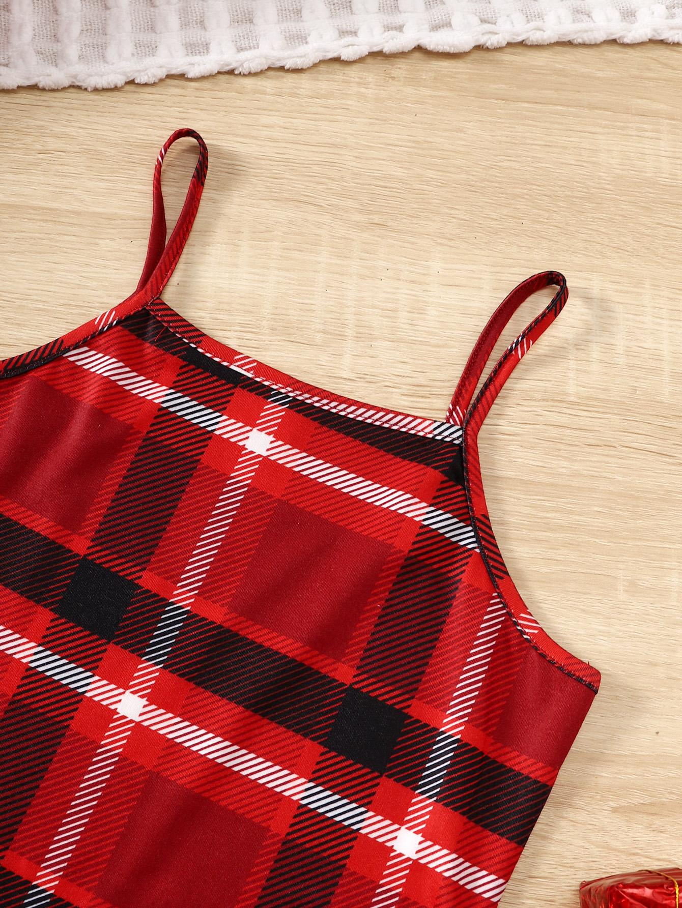 8-14Y Kids Girls Christmas Outfits Straps Plaid Print Dress Long Sleeve Sweater Hoodies 2Pcs Nice Apparel Clothes Set Red Catpapa 462307023