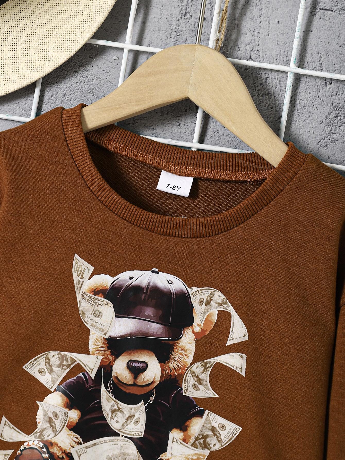 8-14Y Ready Stock Kids Girls Outfits Bear Print Sweatershirt Elastic Dollar Print Casual Shorts 2Pcs Clothes Set Brown Catpapa 462304010